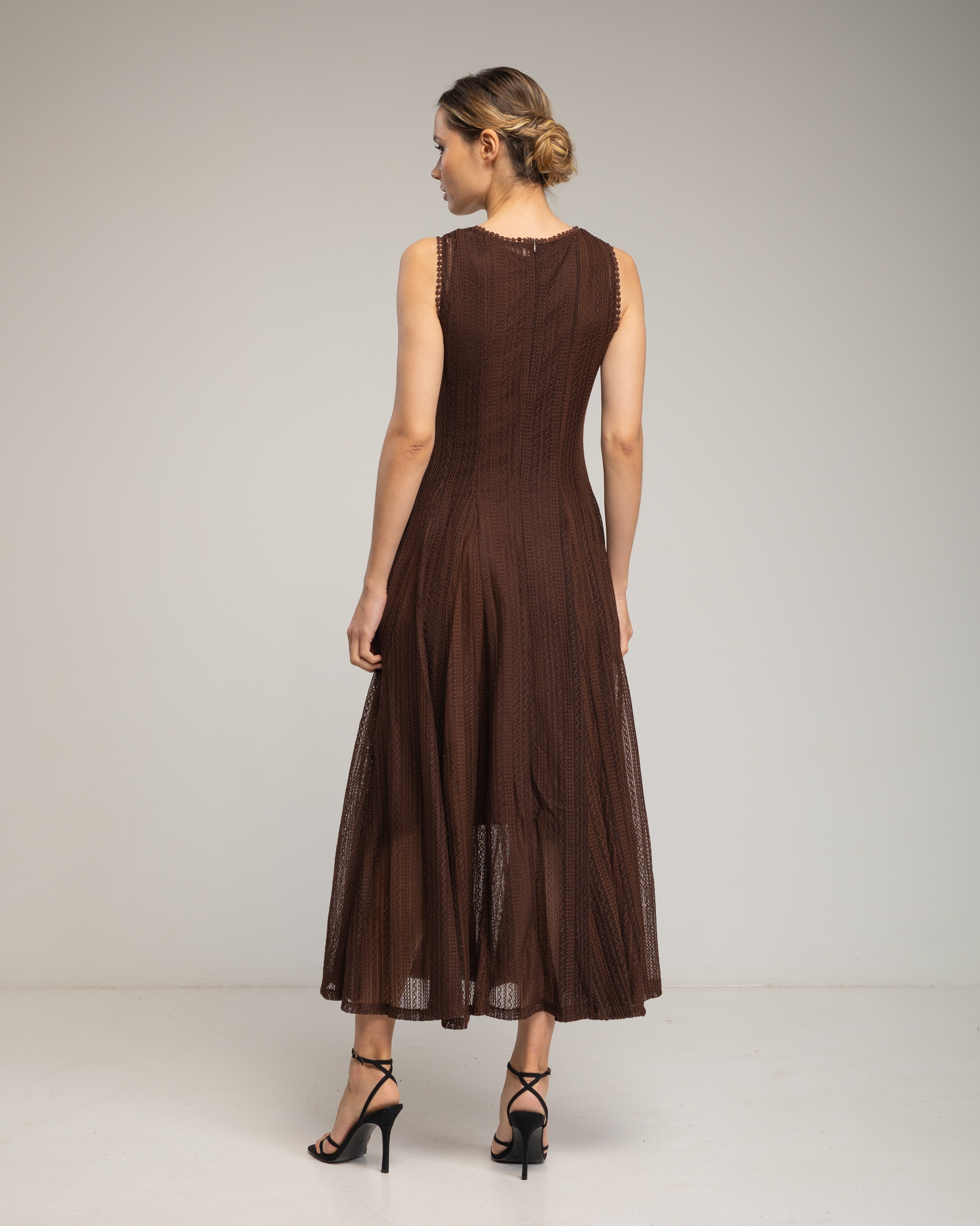 Vestido midi con algodón sin mangas de encaje con textura - Tantra - Marrón oscuro Marrón oscuro-3