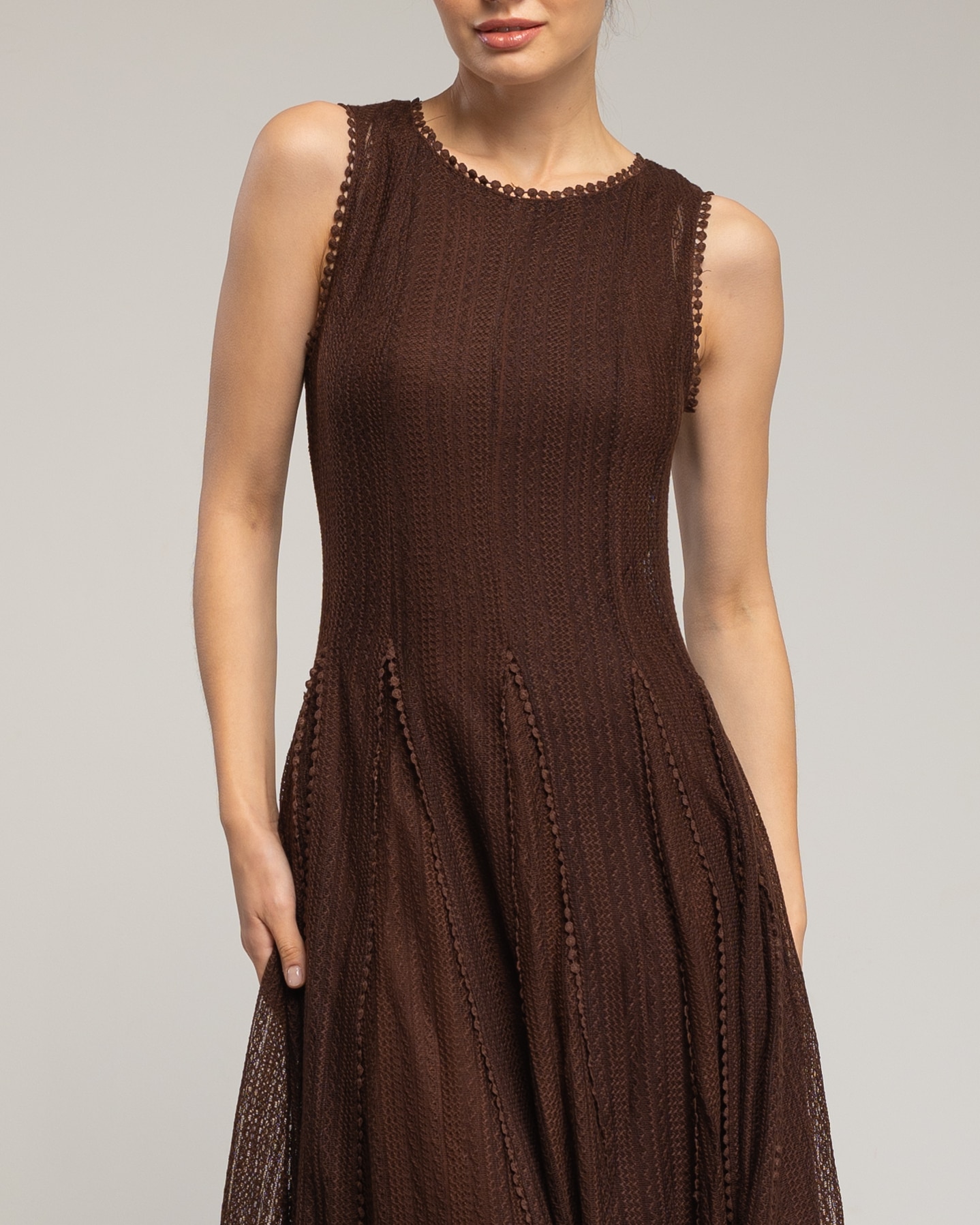 Vestido midi con algodón sin mangas de encaje con textura - Tantra - Marrón oscuro Marrón oscuro-4