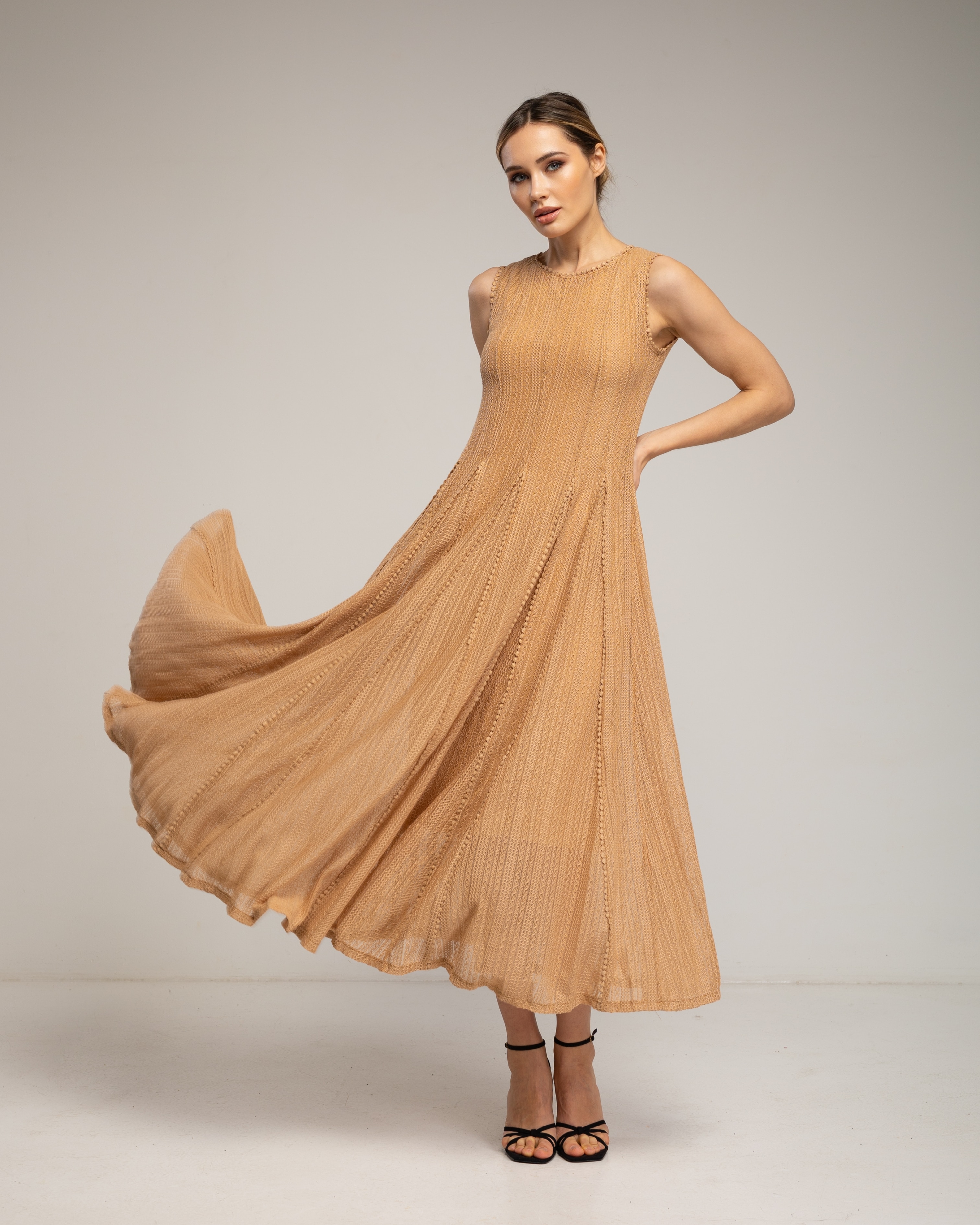 Vestido midi con algodón sin mangas de encaje con textura - Tantra - Camel Camel-2