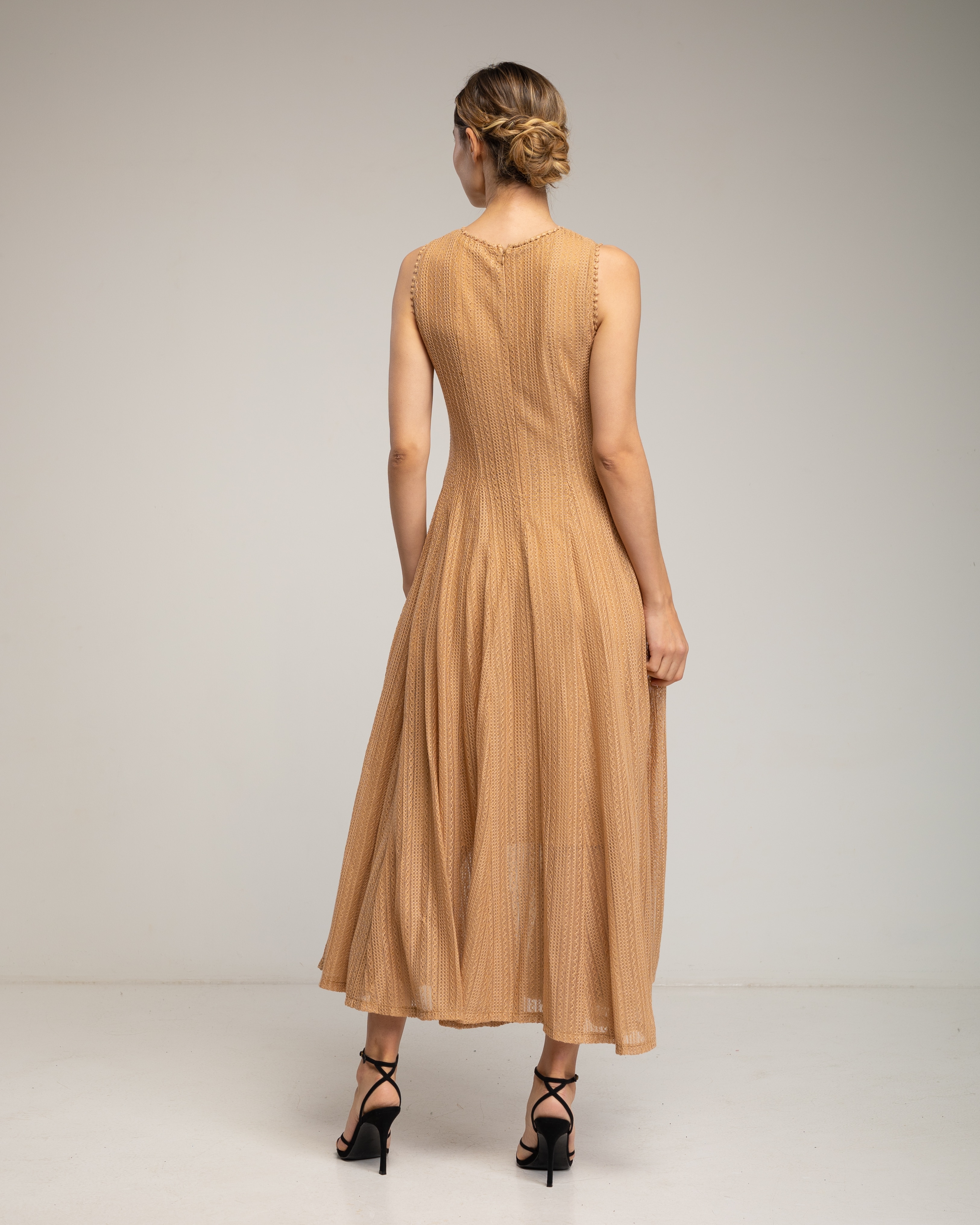 Vestido midi con algodón sin mangas de encaje con textura - Tantra - Camel Camel-3