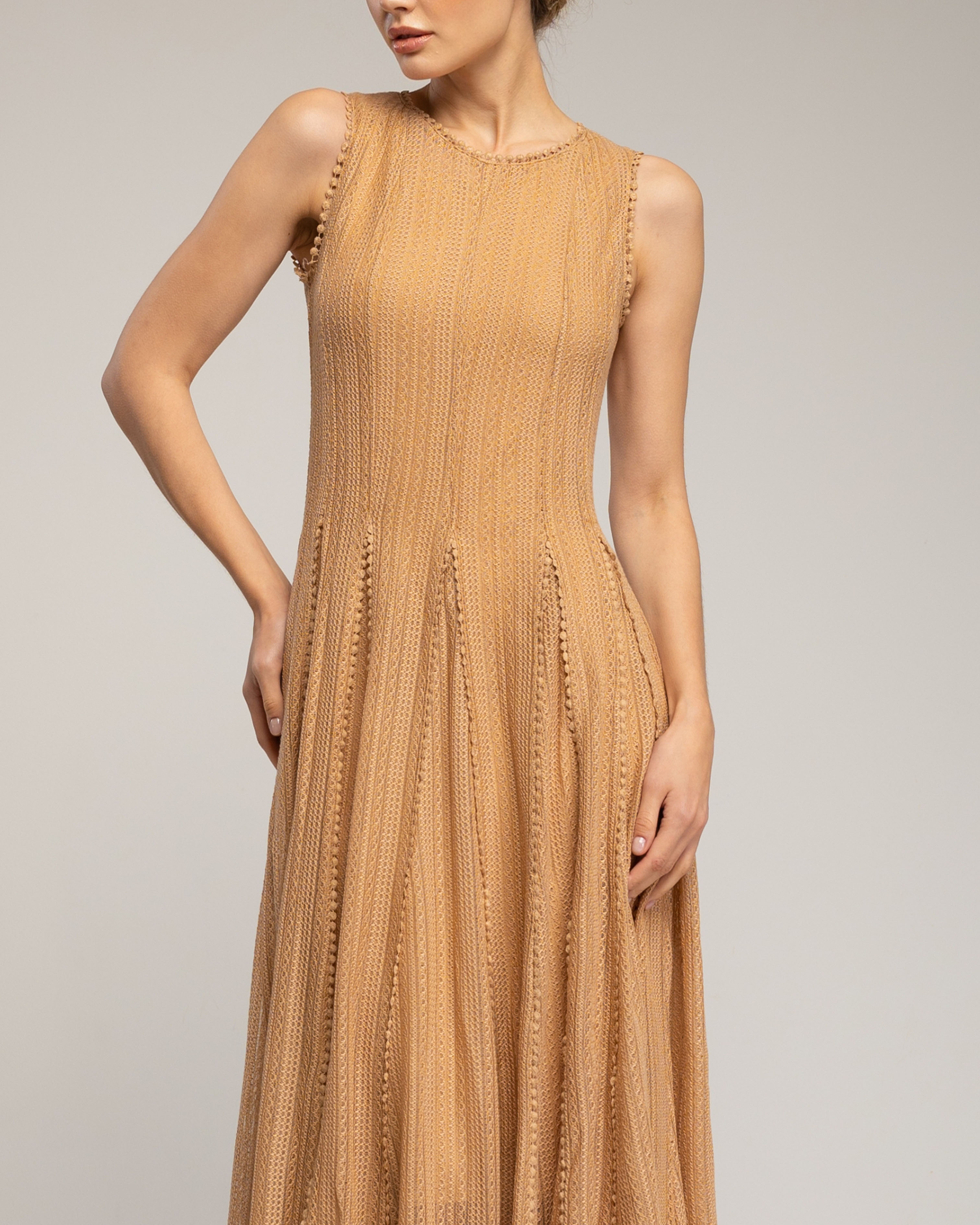 Vestido midi con algodón sin mangas de encaje con textura - Tantra - Camel Camel-4