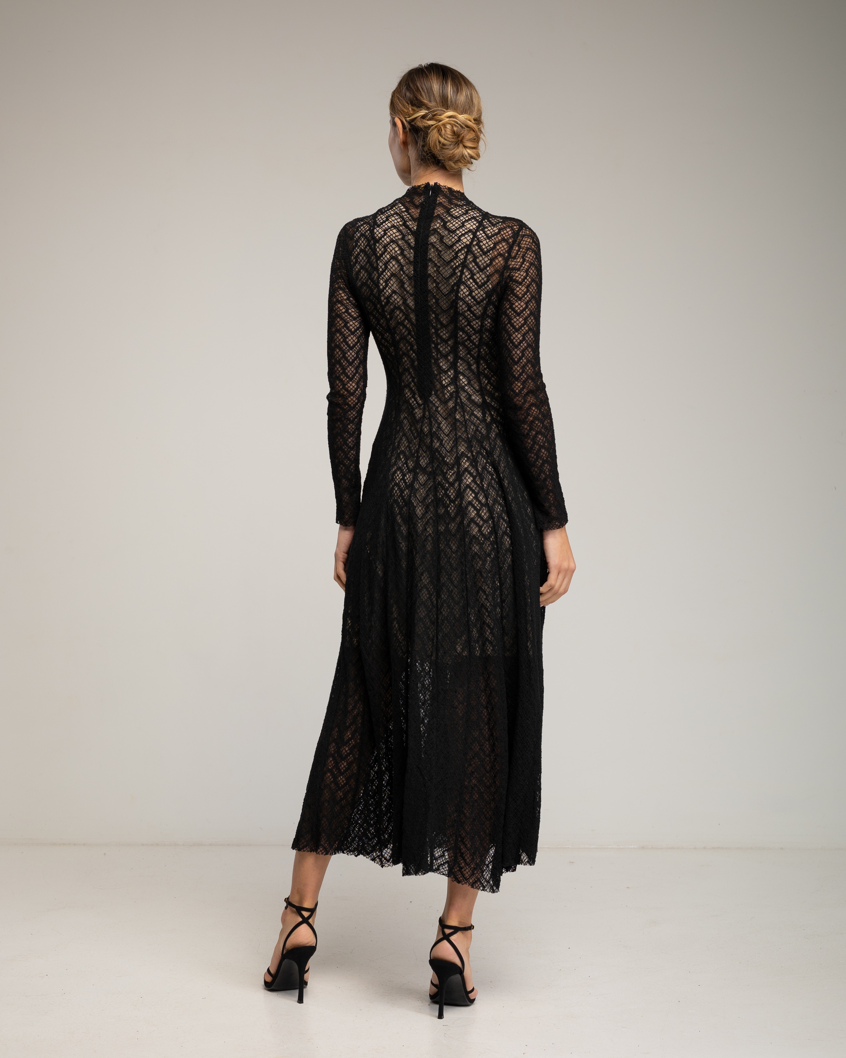 Vestido midi con algodón de manga larga de encaje con textura - Tantra - Negro Negro-3