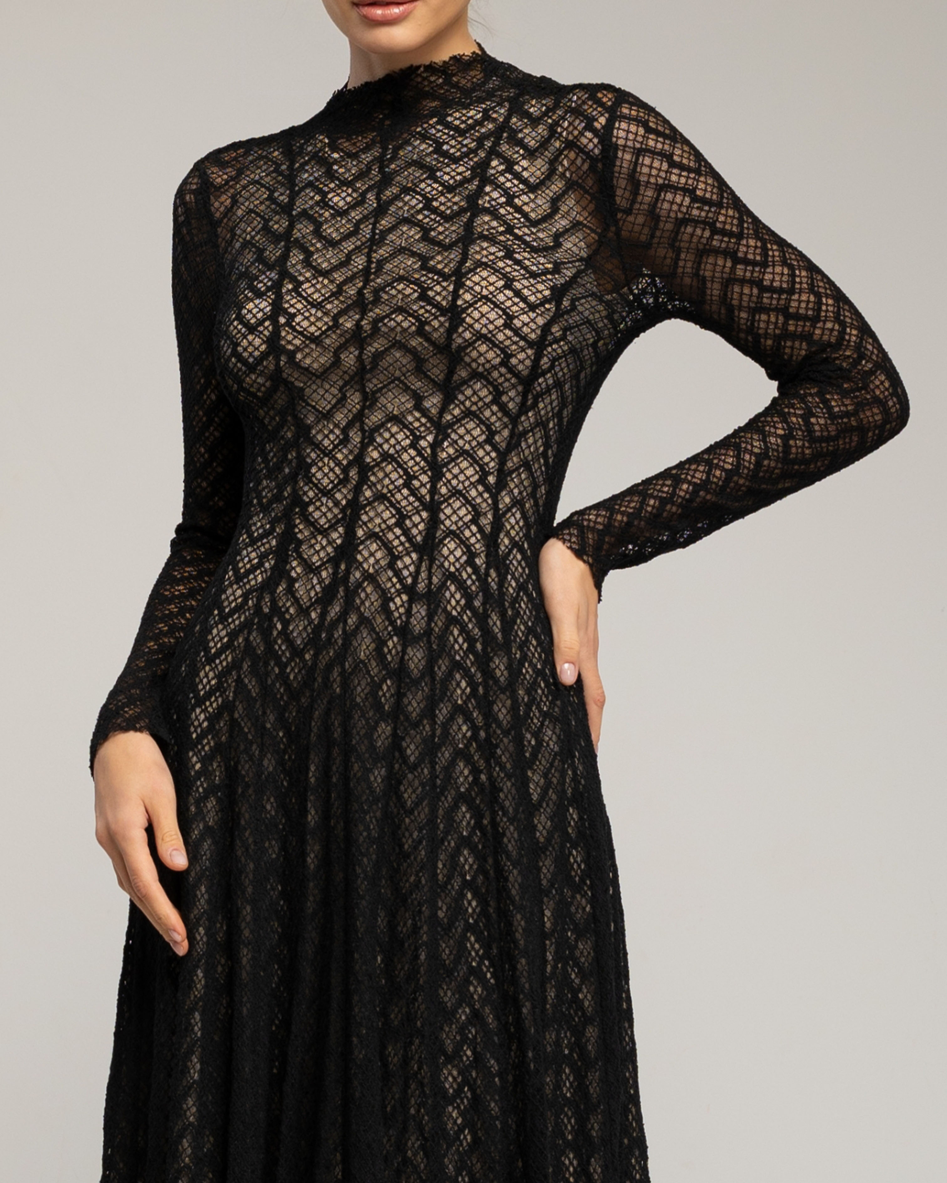 Vestido midi con algodón de manga larga de encaje con textura - Tantra - Negro Negro-4