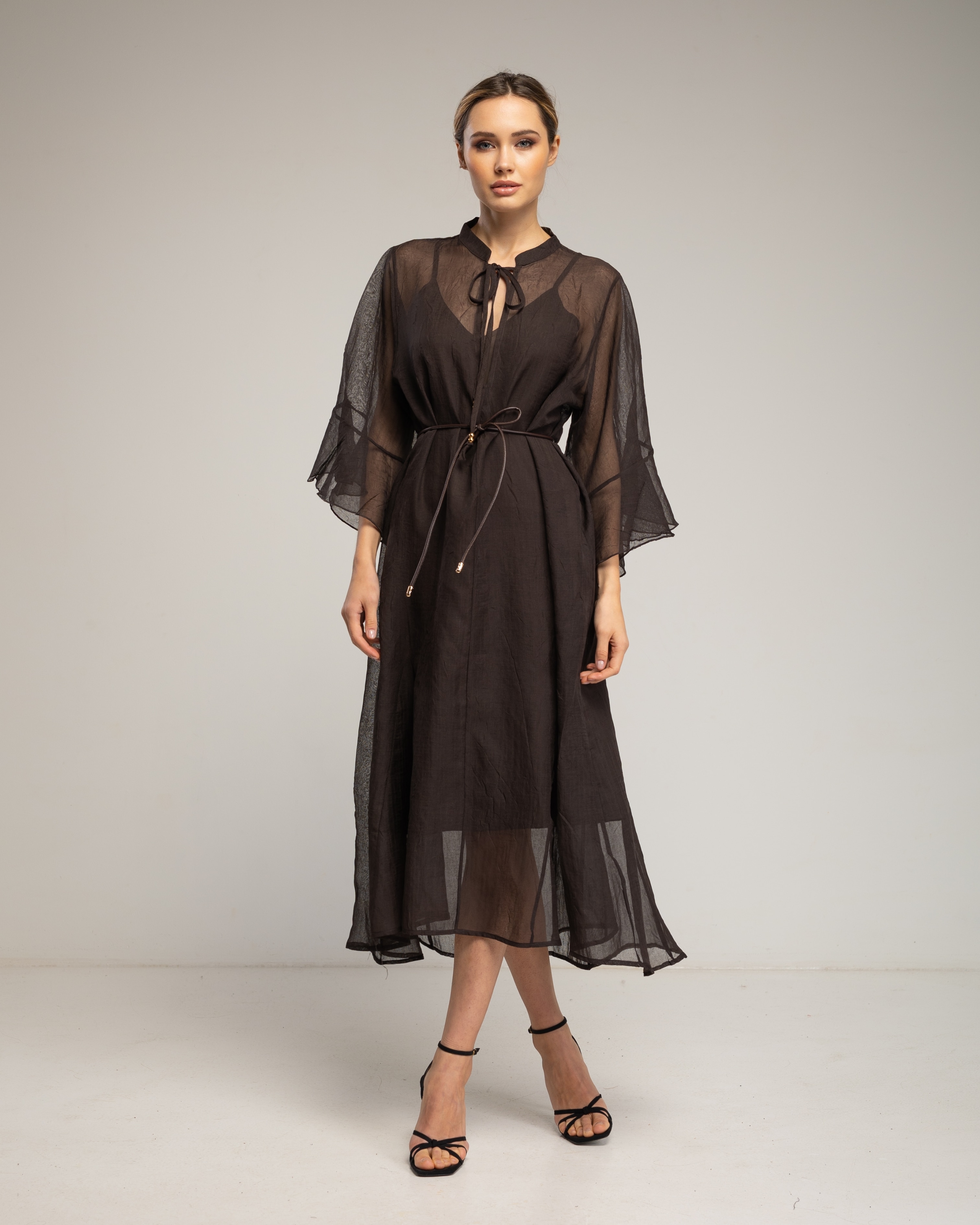 Vestido midi semitransparente con manga con volantes - Tantra - Marrón Marrón-1