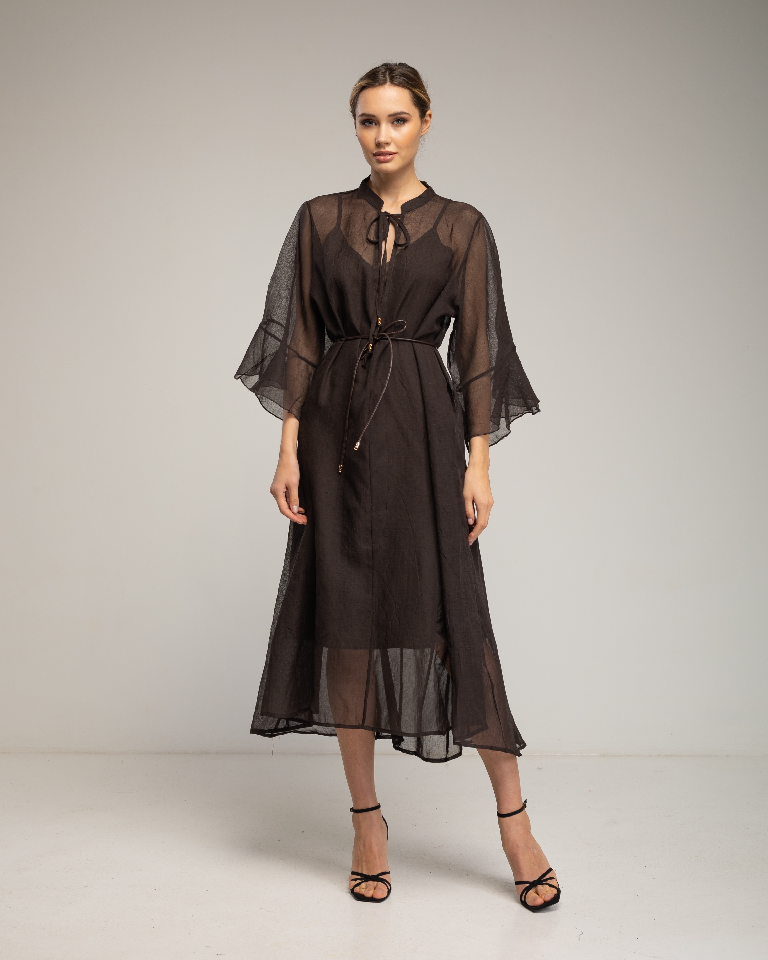 Vestido midi semitransparente con manga con volantes - Tantra - Marrón Marrón-2