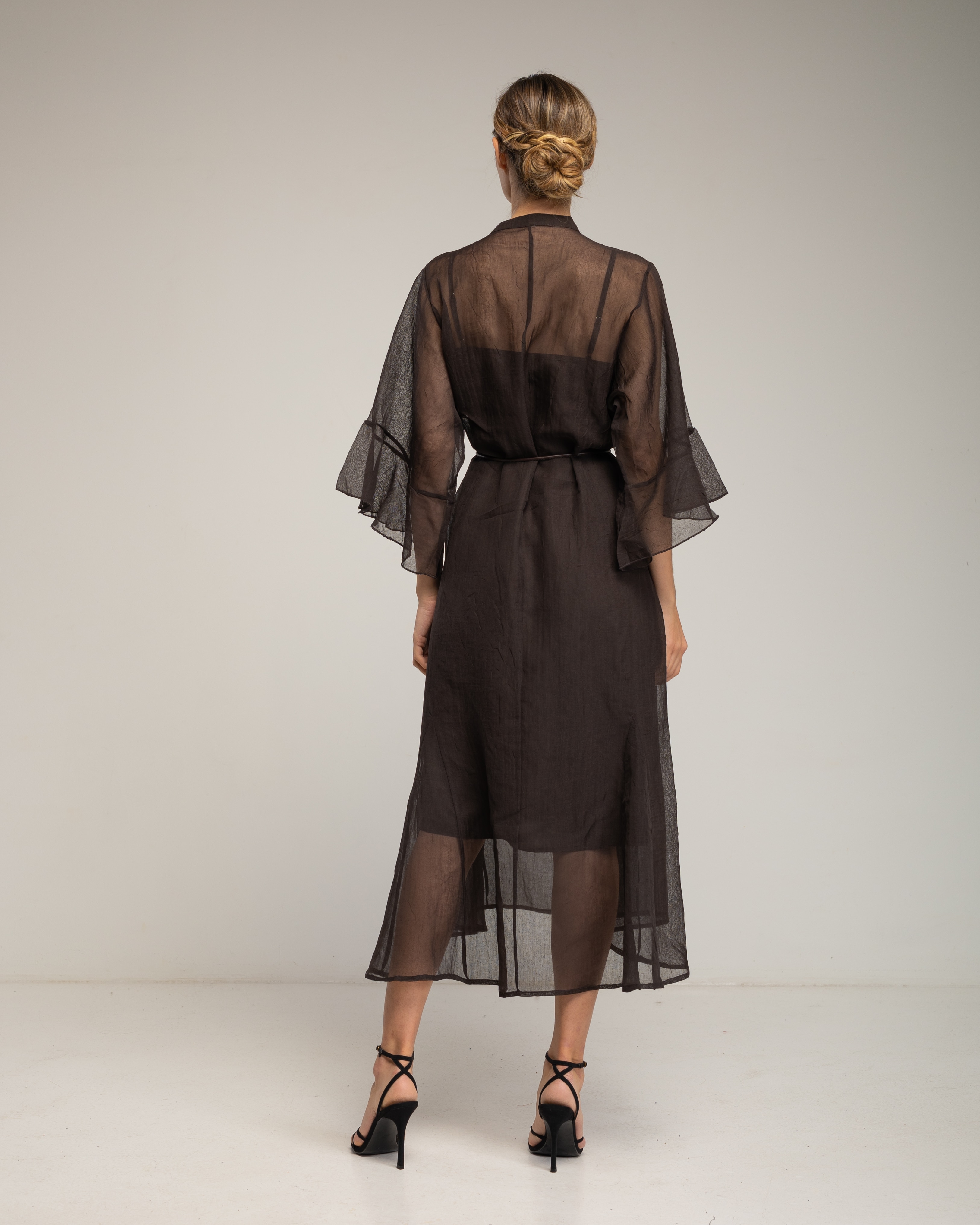 Vestido midi semitransparente con manga con volantes - Tantra - Marrón Marrón-3