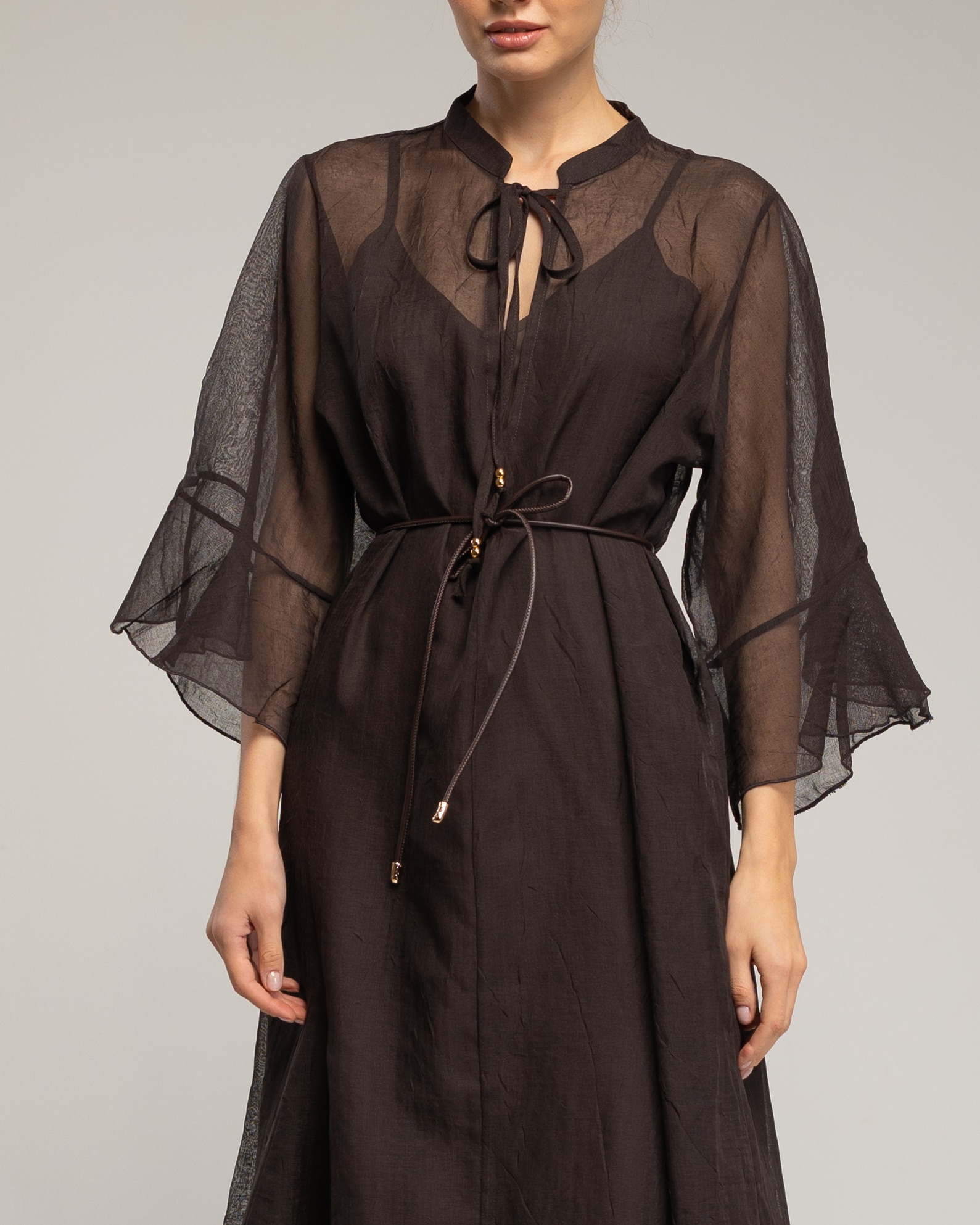 Vestido midi semitransparente con manga con volantes - Tantra - Marrón Marrón-4