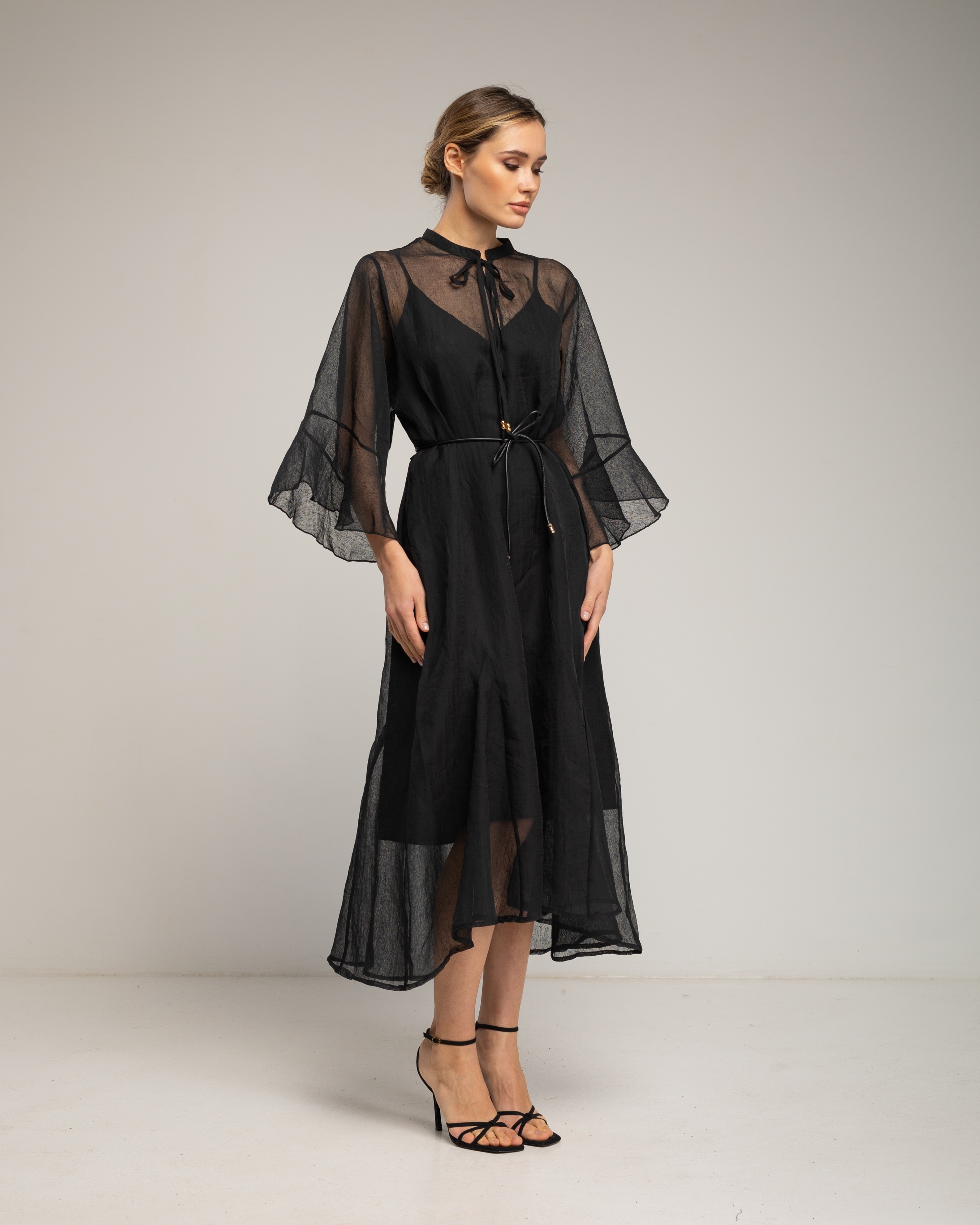 Vestido midi semitransparente con manga con volantes - Tantra - Negro Negro-1