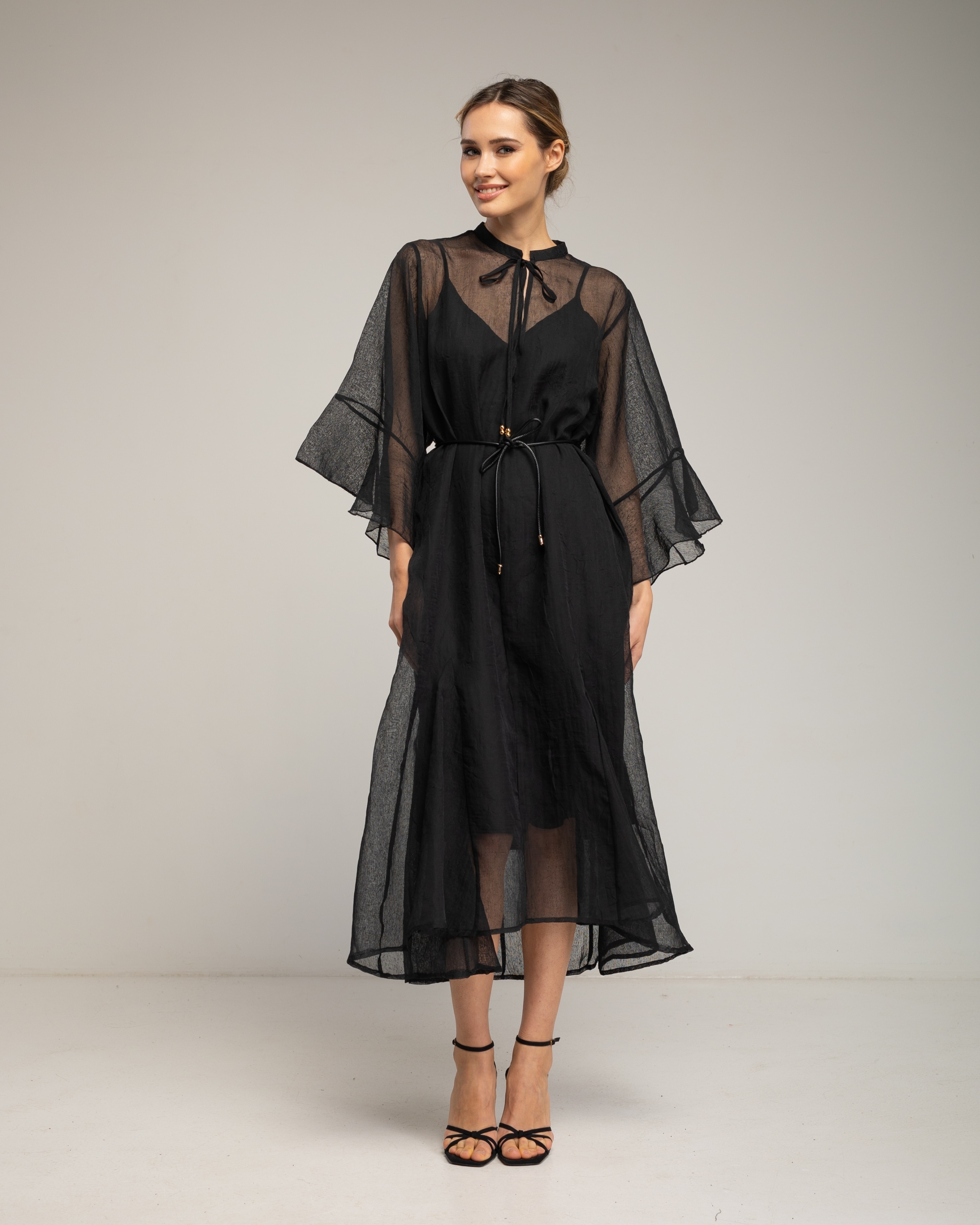 Vestido midi semitransparente con manga con volantes - Tantra - Negro Negro-2
