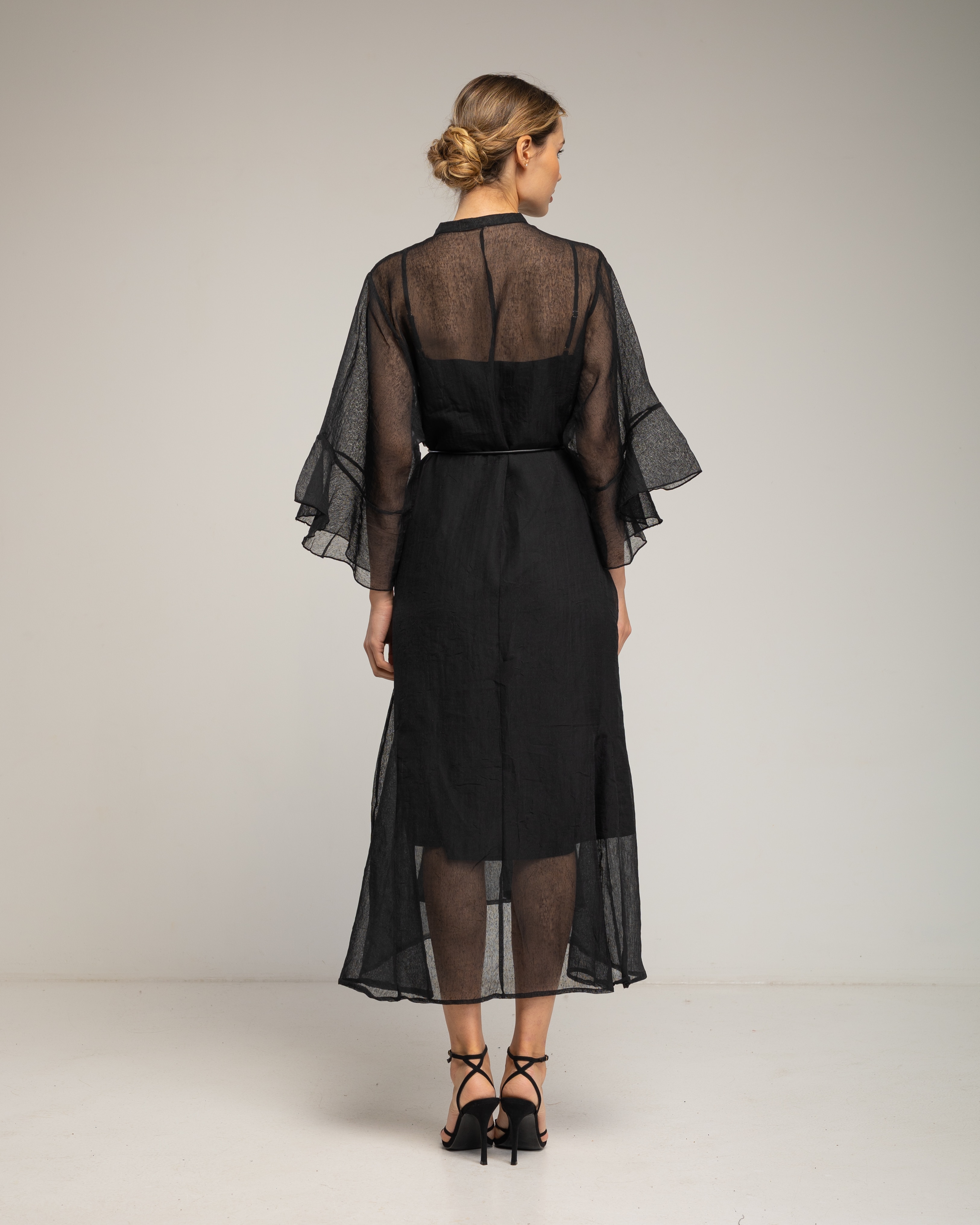 Vestido midi semitransparente con manga con volantes - Tantra - Negro Negro-3