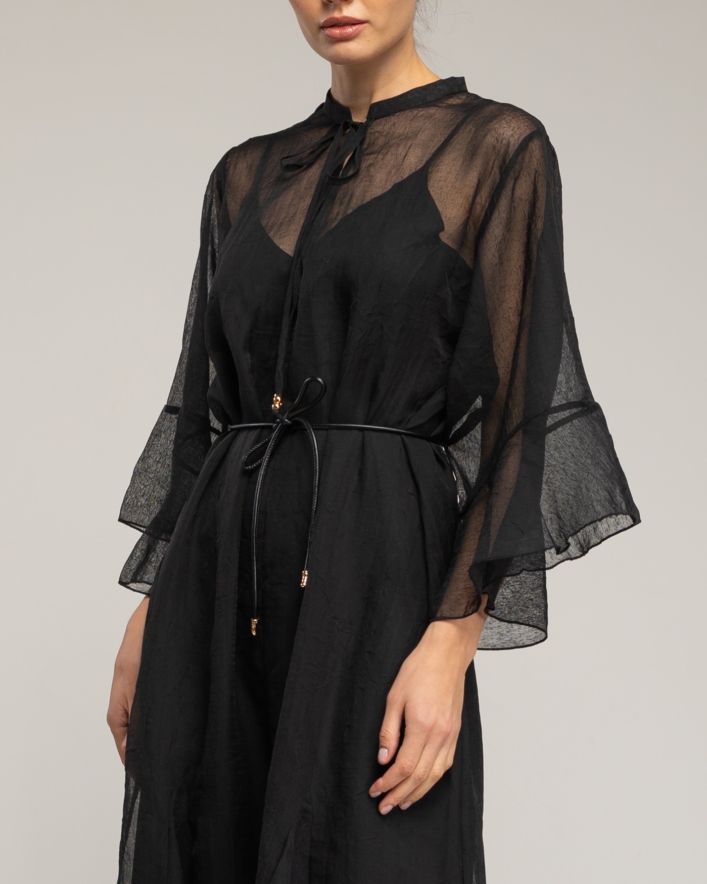 Vestido midi semitransparente con manga con volantes - Tantra - Negro Negro-4