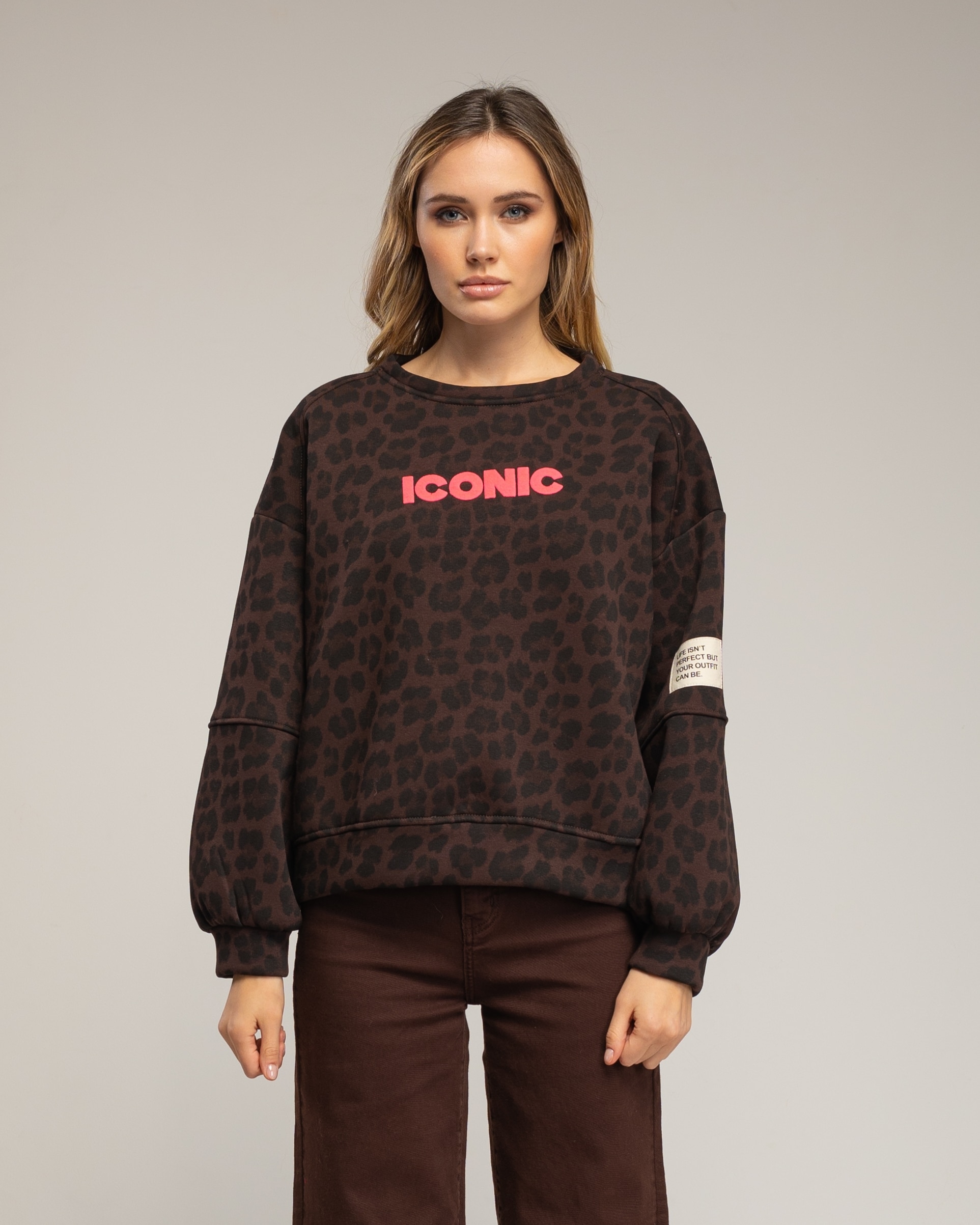 Sudadera de mujer de algodón estampado animal print - Tantra - Marrón oscuro Marrón oscuro-1