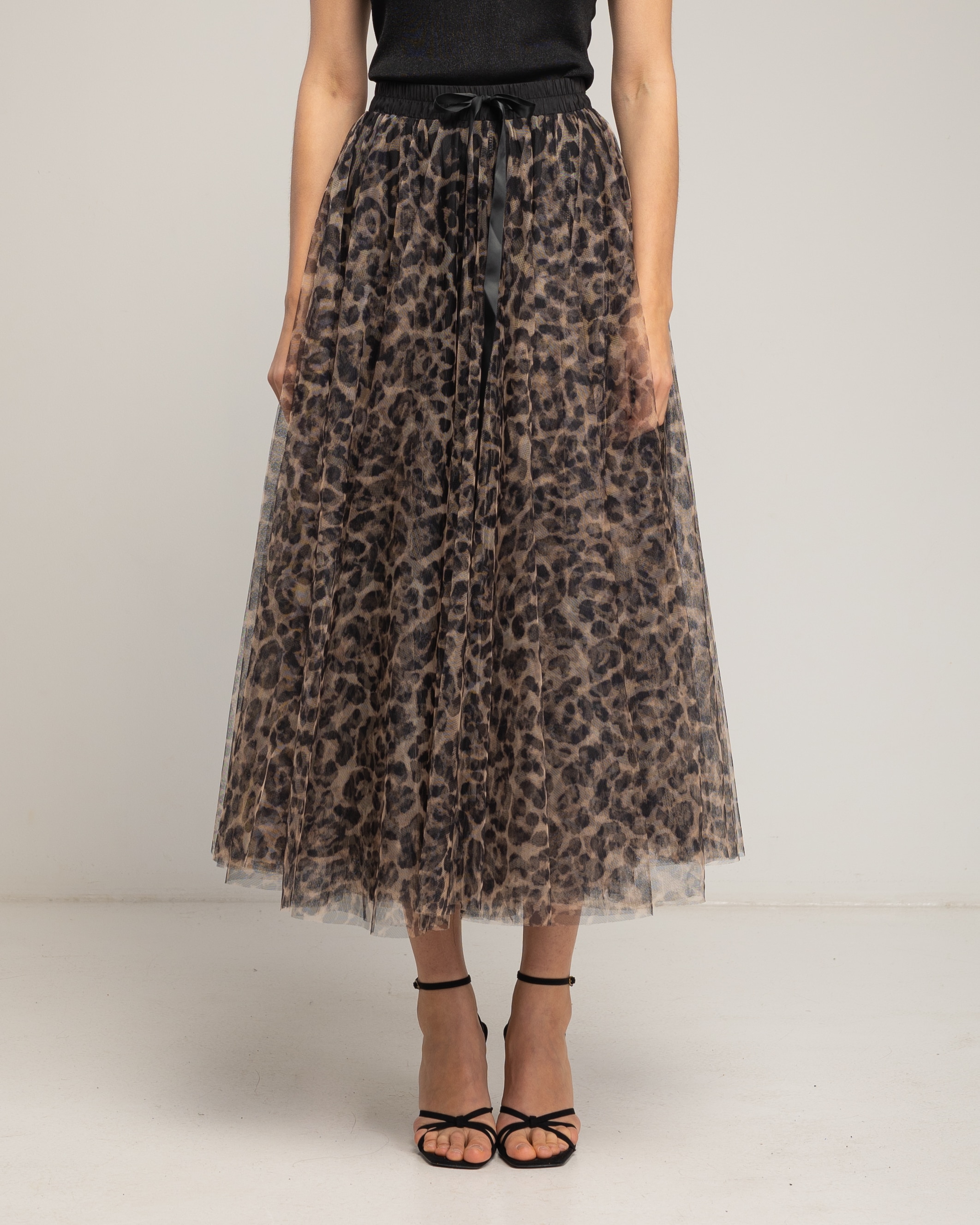 Falda midi de tul con varias capas, corte en A, de animal print - Tantra - Marrón Marrón-2