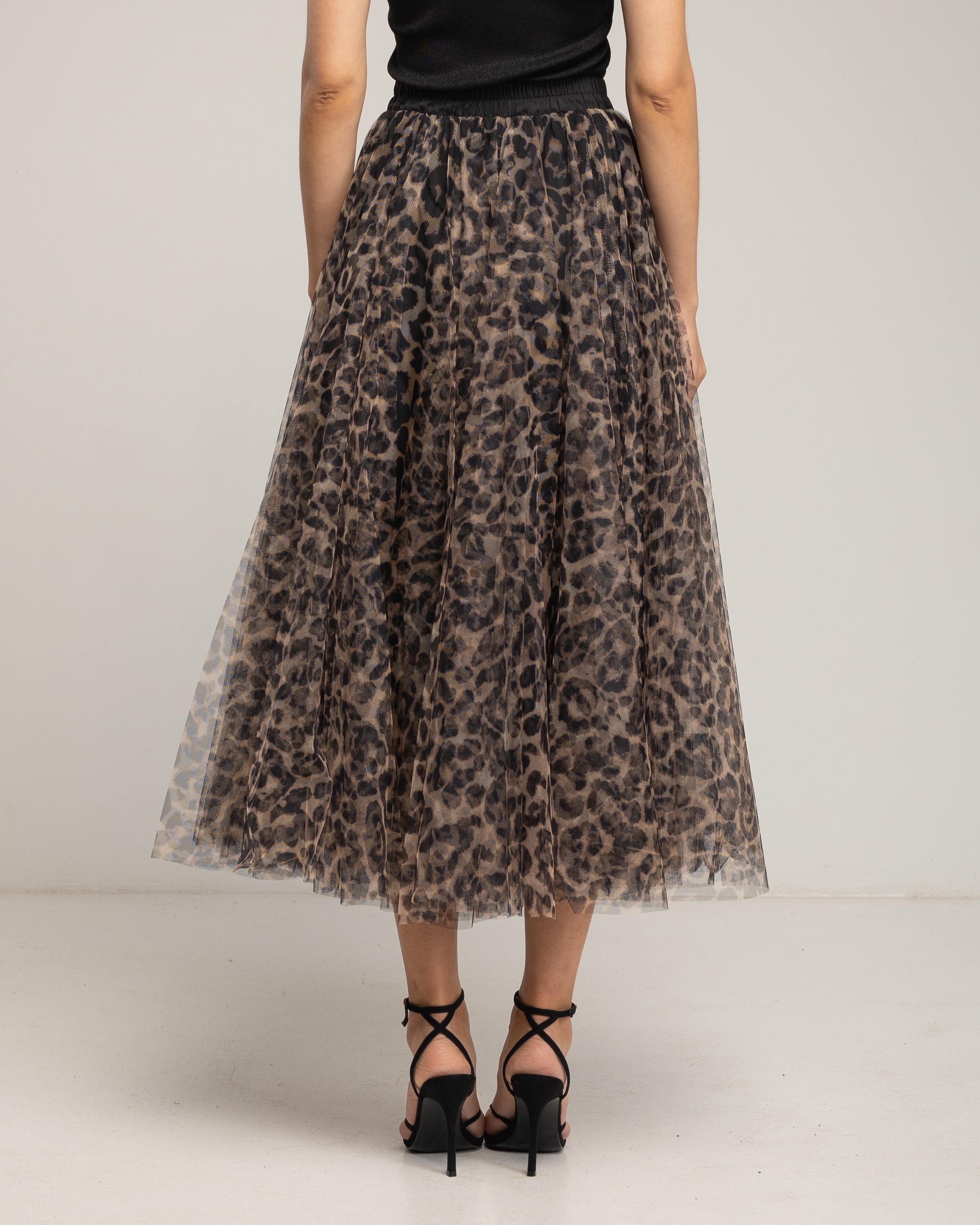 Falda midi de tul con varias capas, corte en A, de animal print - Tantra - Marrón Marrón-3