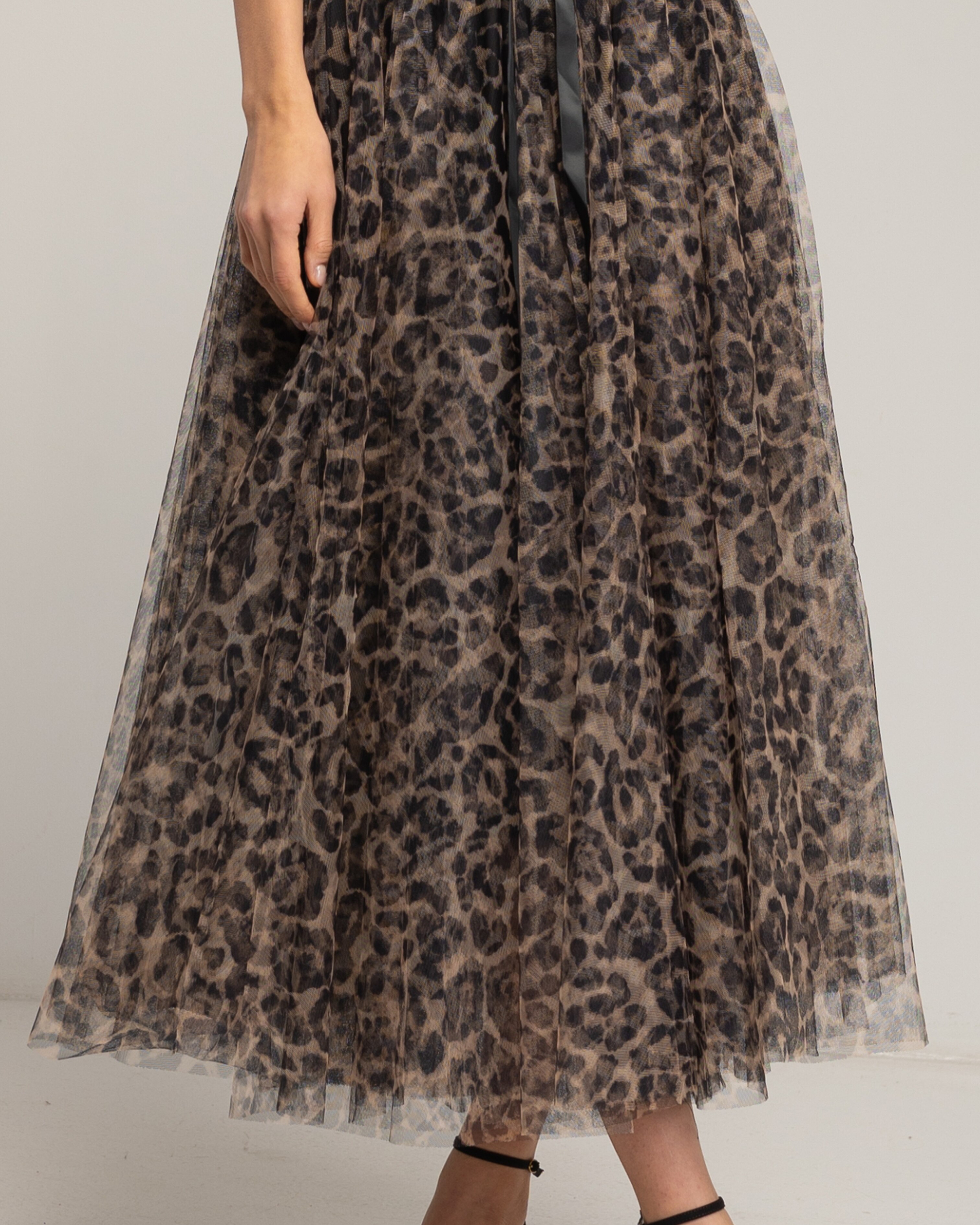 Falda midi de tul con varias capas, corte en A, de animal print - Tantra - Marrón Marrón-4