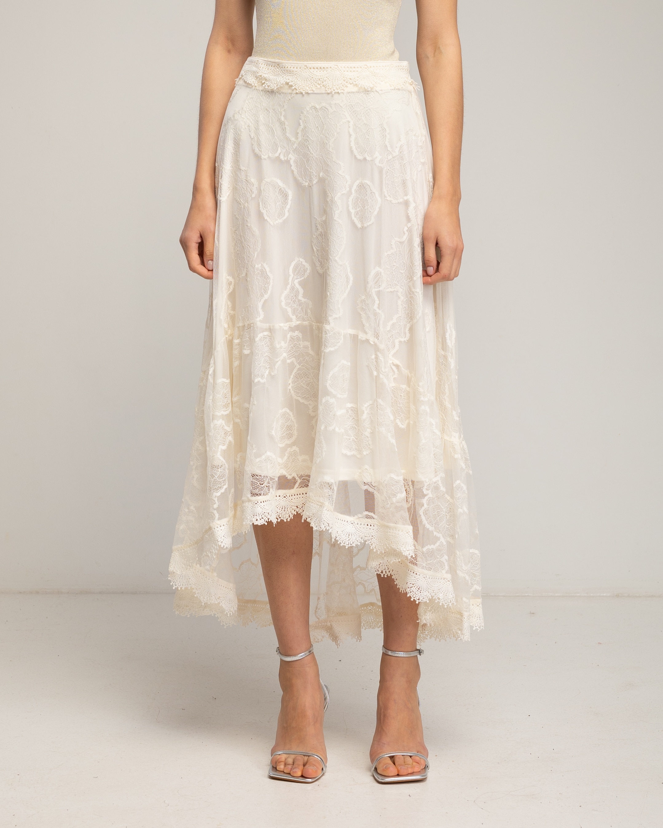 Falda midi de encaje con volante en el bajo - Tantra - Beige Beige-2