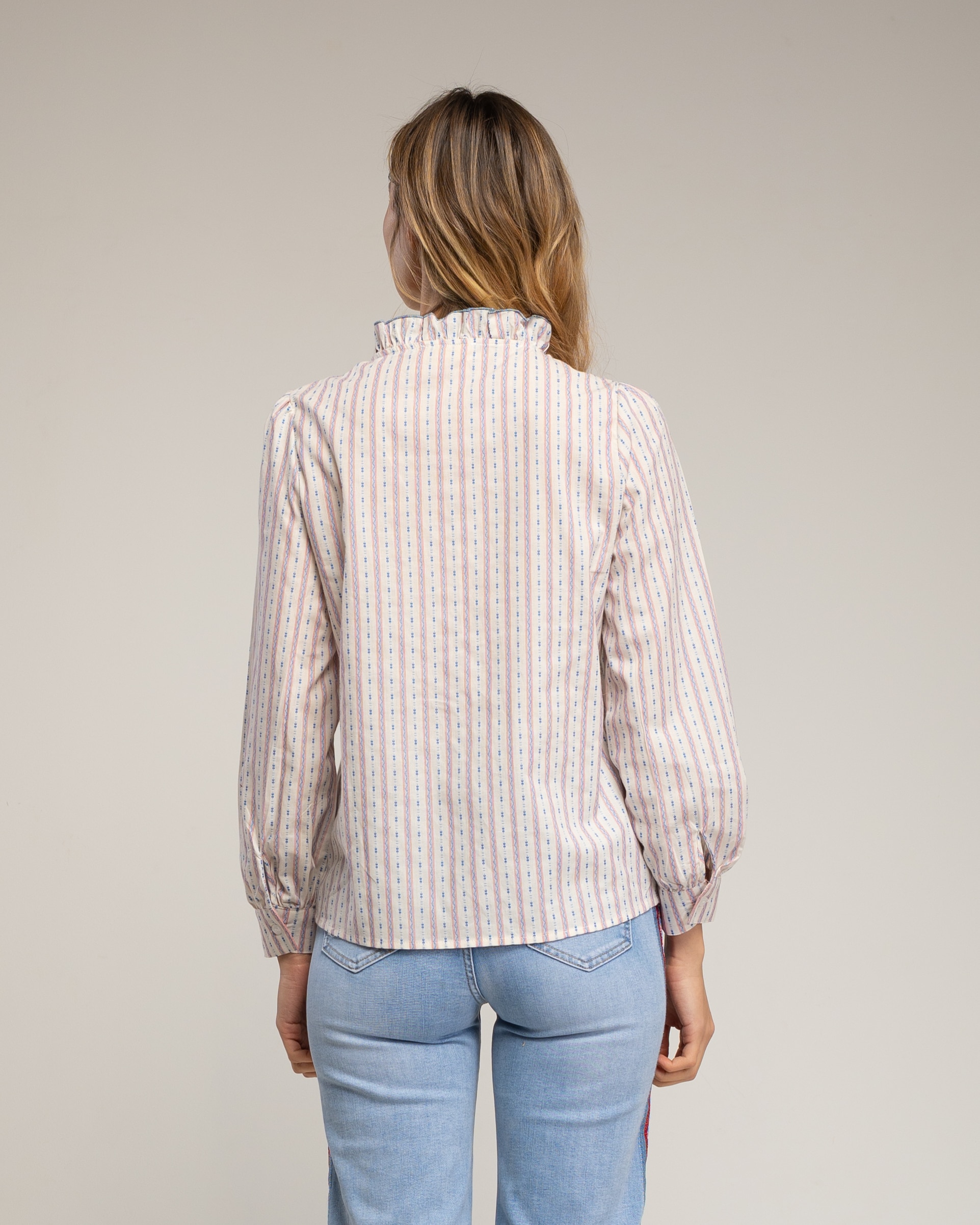 Camisa de mujer de algodón con detalle de volantes y rayas - Tantra - Blanco Blanco-2