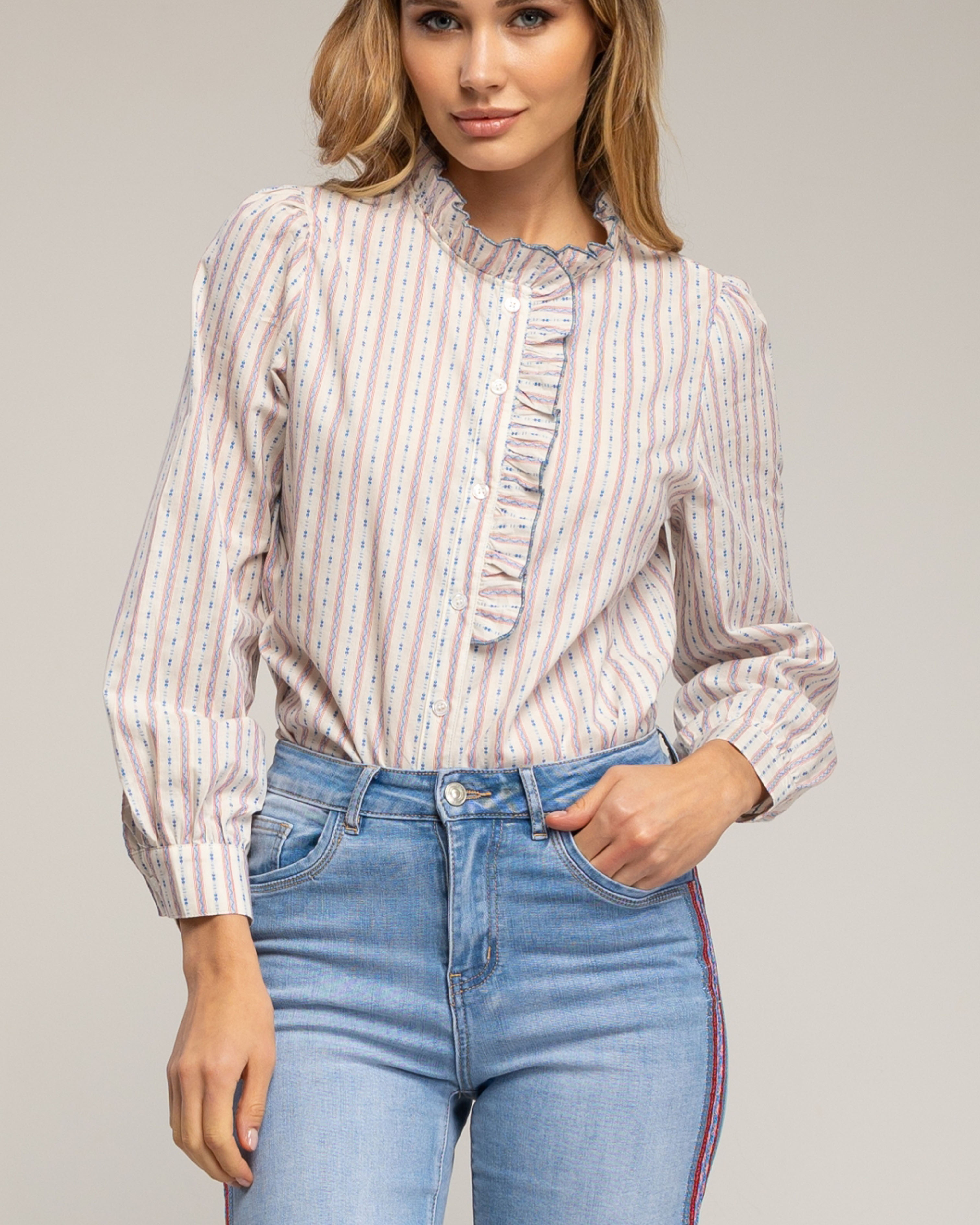 Camisa de mujer de algodón con detalle de volantes y rayas - Tantra - Blanco Blanco-3