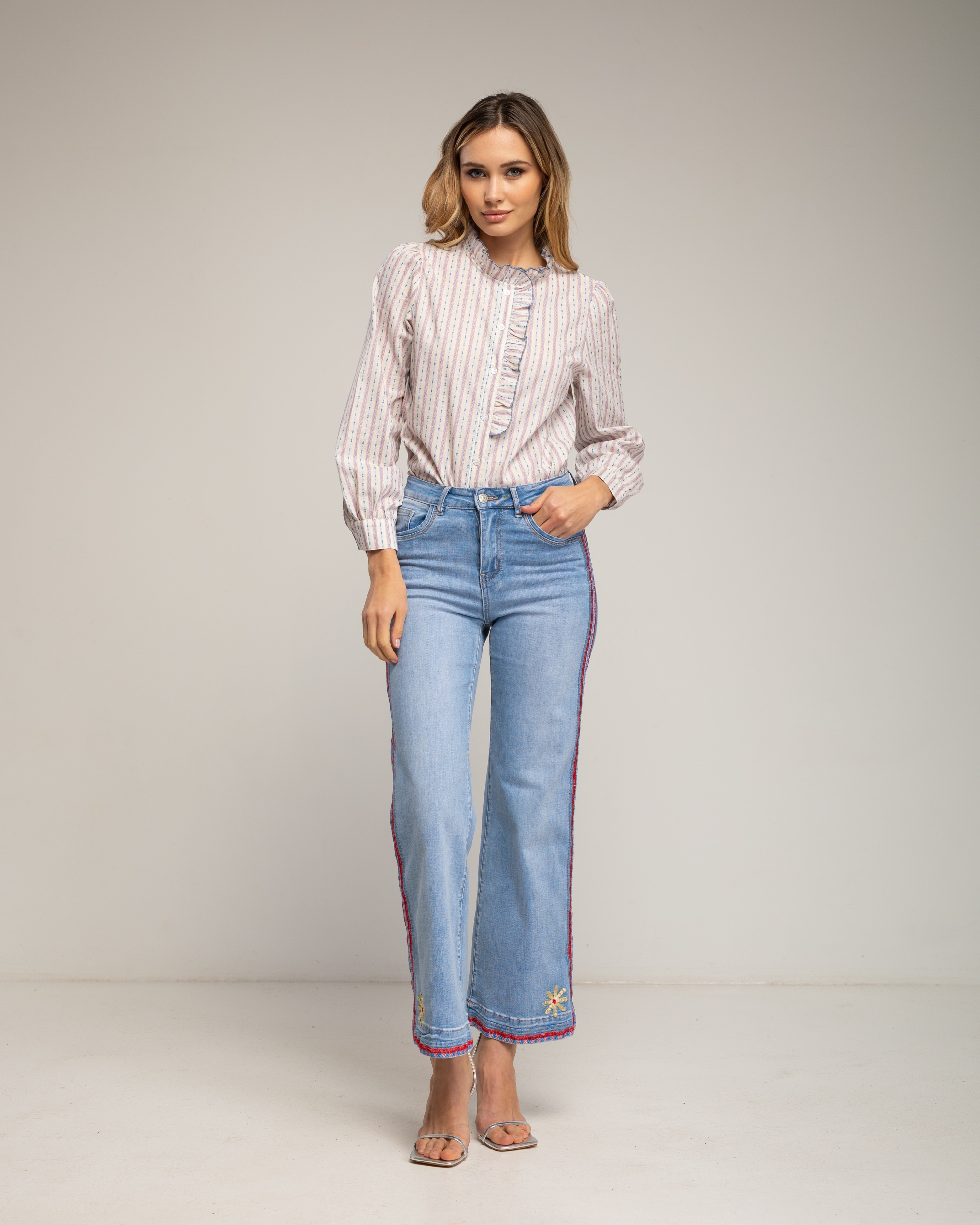 Camisa de mujer de algodón con detalle de volantes y rayas - Tantra - Blanco Blanco-4