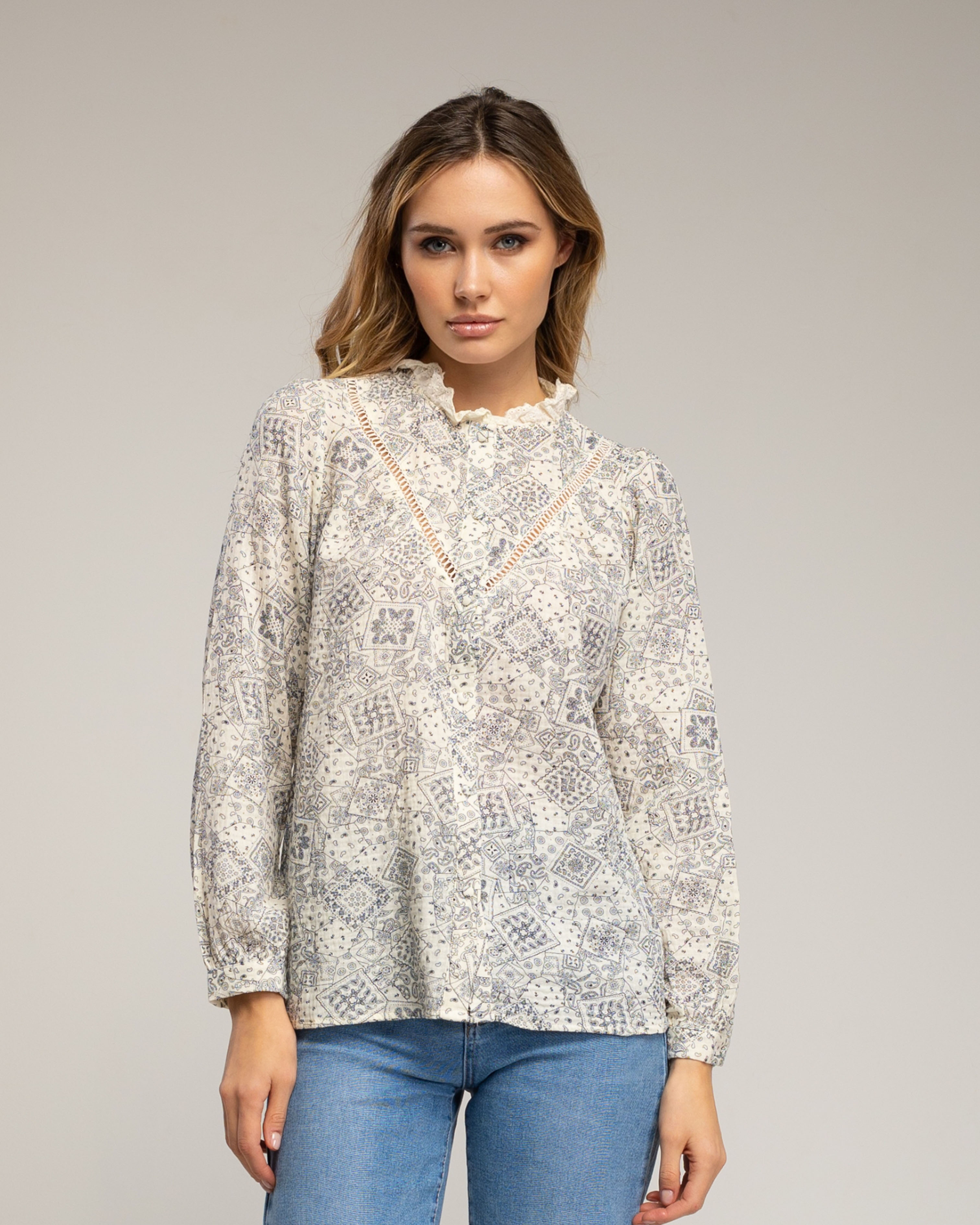 Camisa de mujer de algodón estampada con vainica en el pecho - Tantra - Blanco Blanco-1