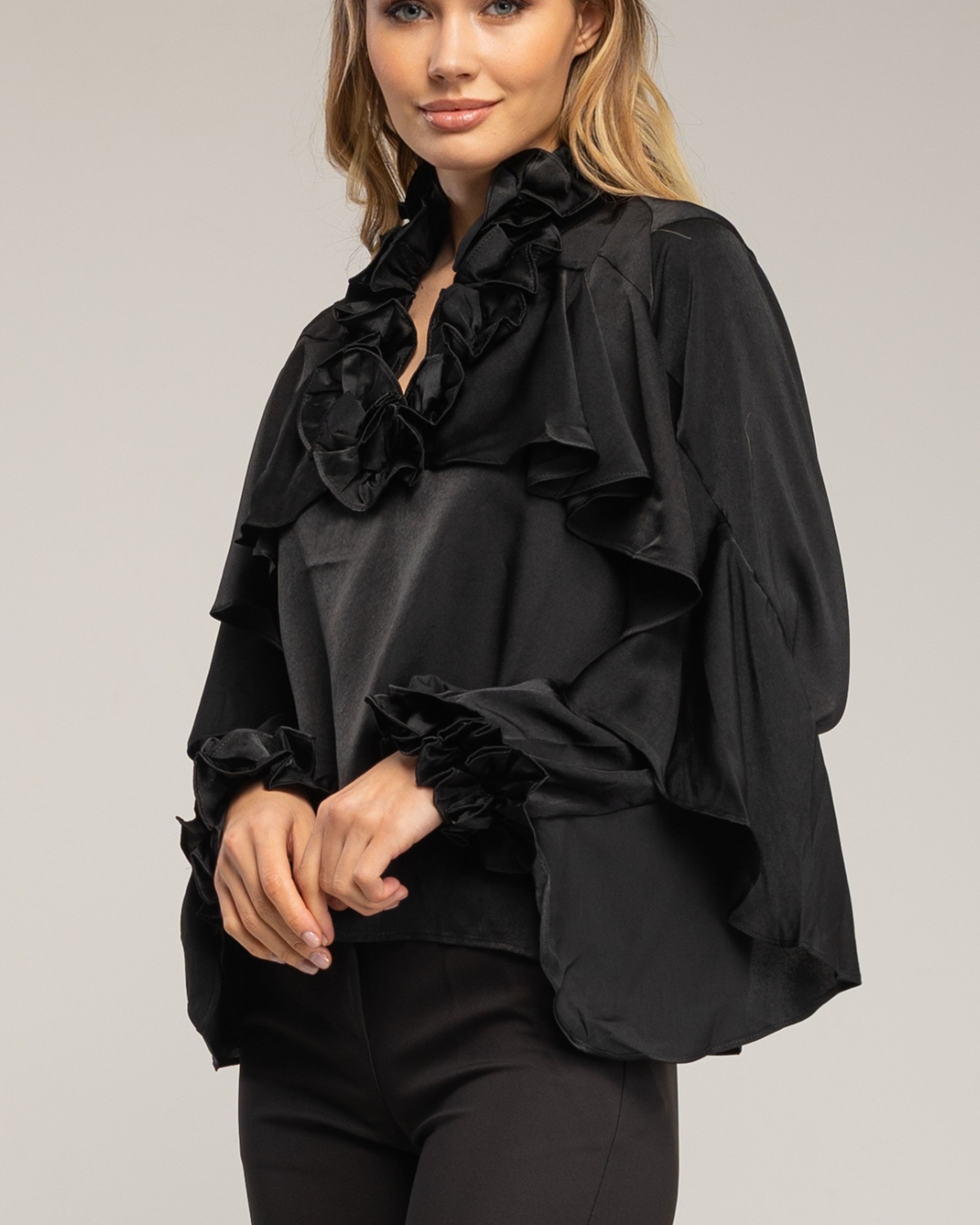 Blusa de mujer de raso con volantes en el cuello y puños - Tantra - Negro Negro-3
