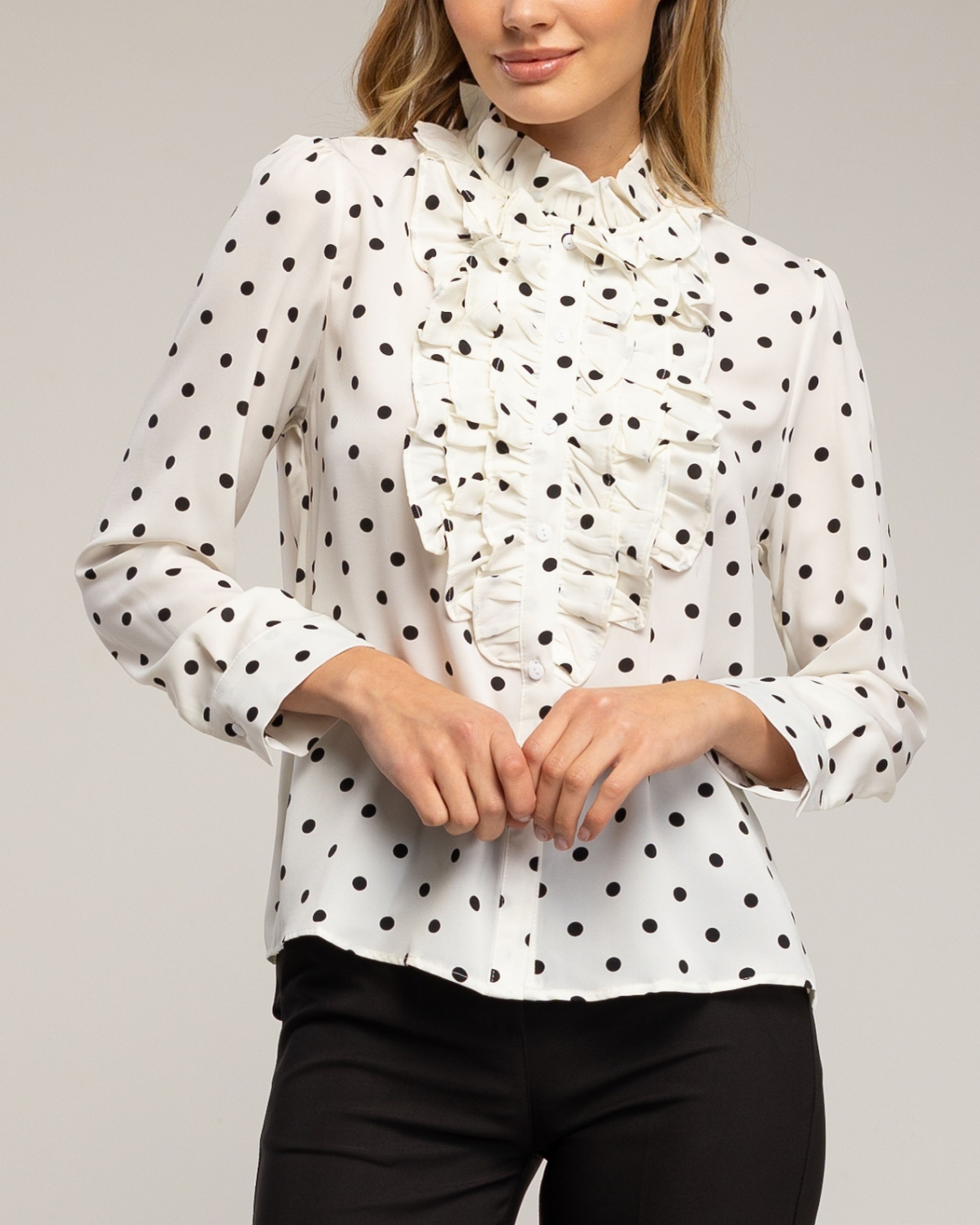 Blusa de mujer lunares con volantes en el pecho - Tantra - Blanco Blanco-3