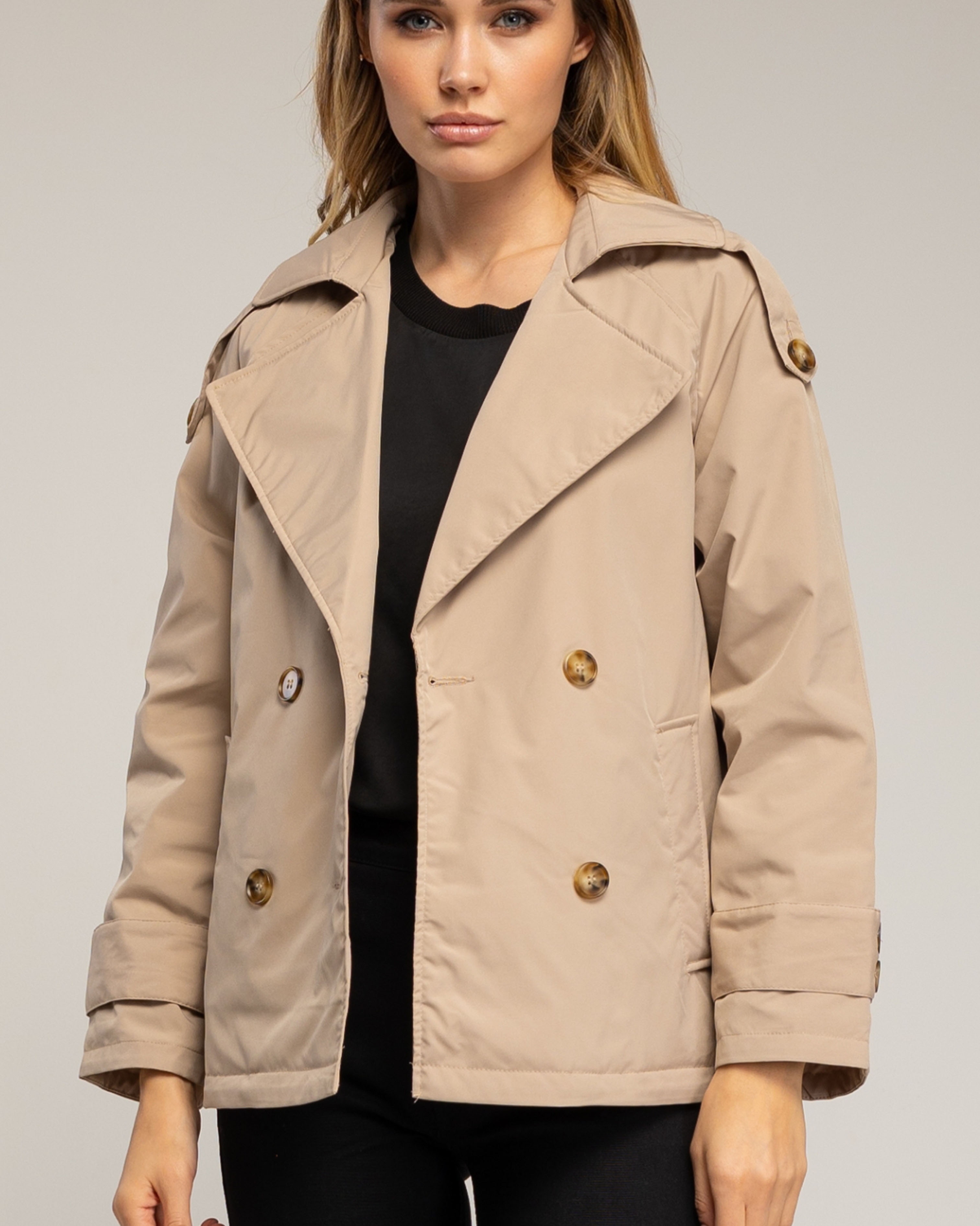 Gabardina de mujer corta acolchada e impermeable con doble botonadura - Tantra - Beige Beige-3