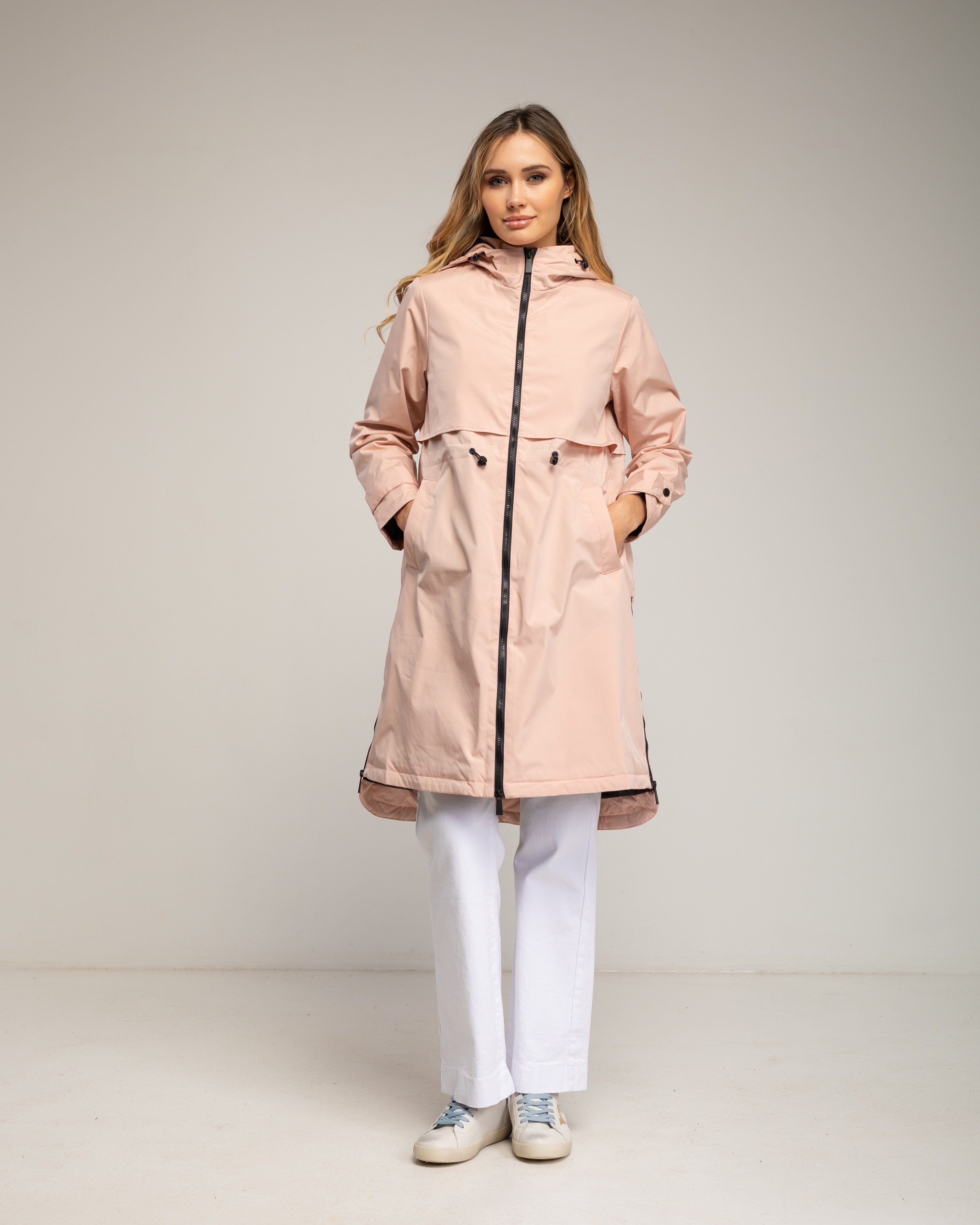Gabardina larga de mujer impermeable con capucha y cierre de cremallera - Tantra - Rosa claro Rosa claro-1