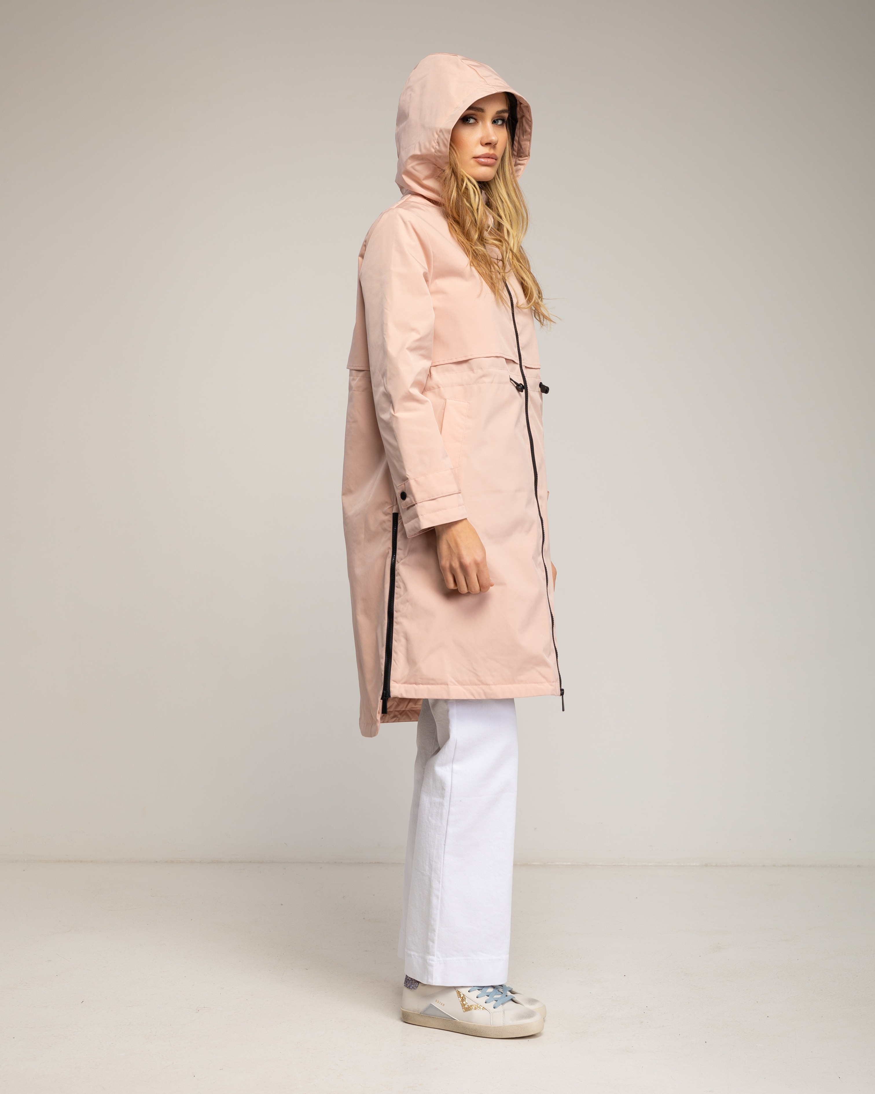Gabardina larga de mujer impermeable con capucha y cierre de cremallera - Tantra - Rosa claro Rosa claro-2