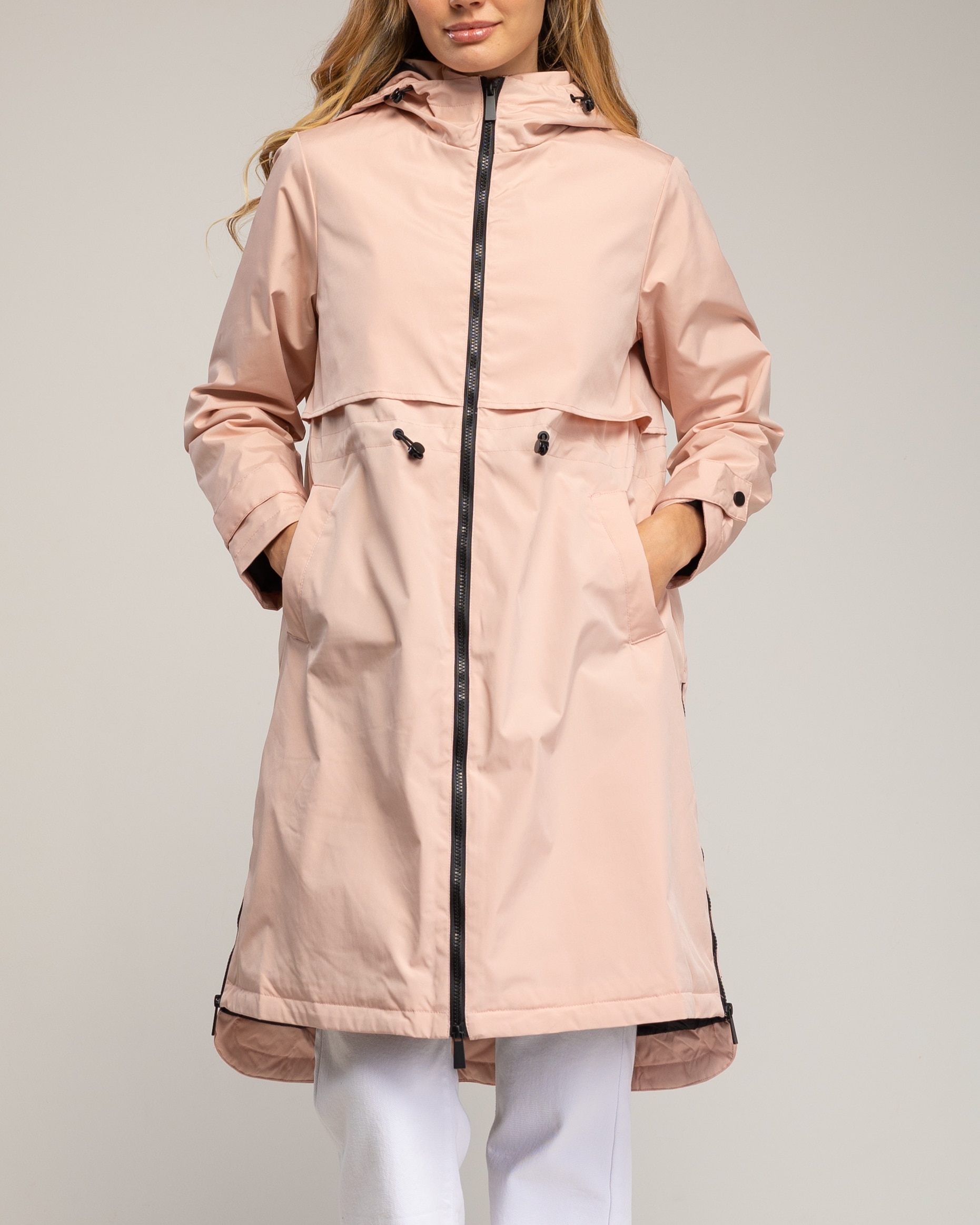 Gabardina larga de mujer impermeable con capucha y cierre de cremallera - Tantra - Rosa claro Rosa claro-4