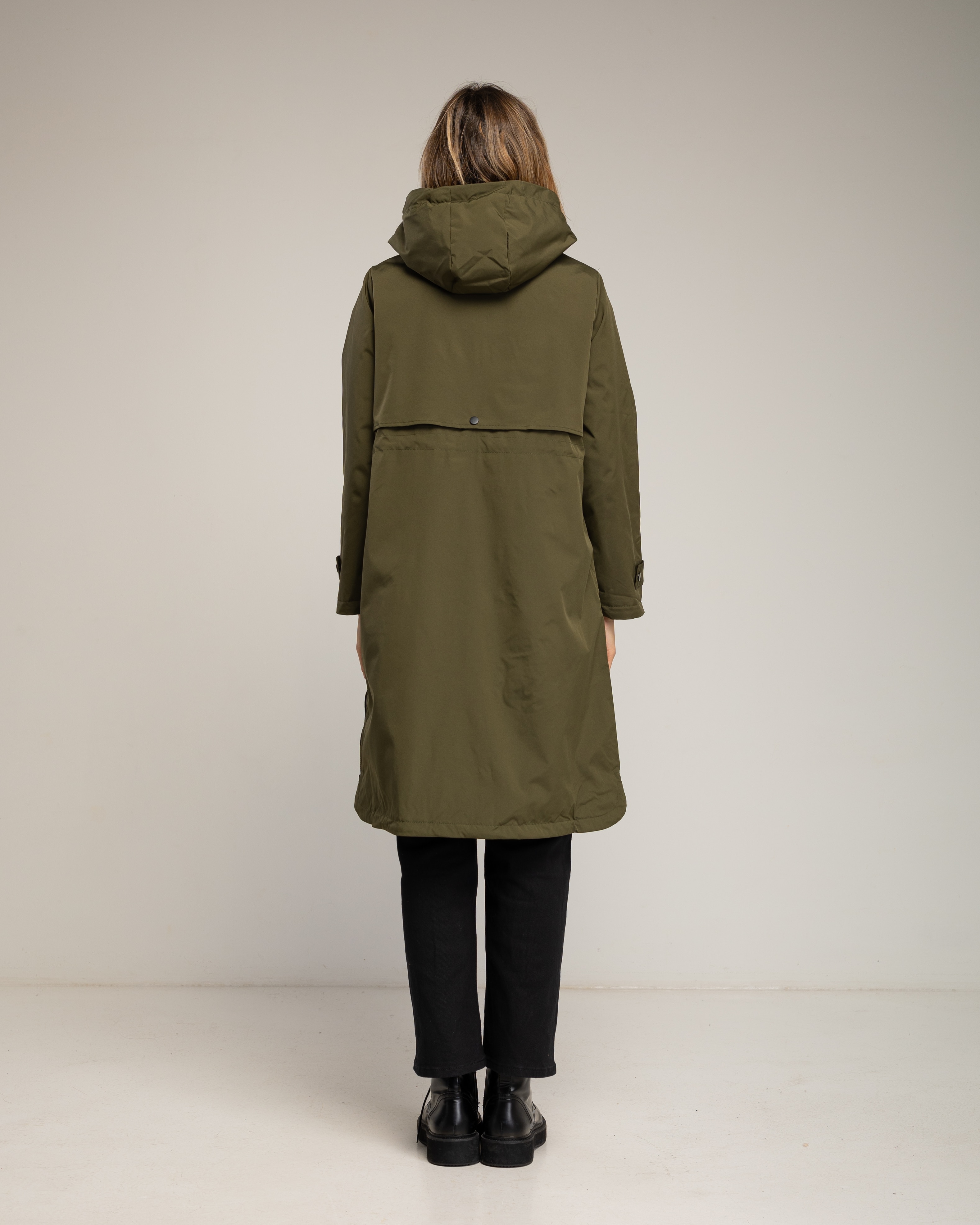 Gabardina larga de mujer impermeable con capucha y cierre de cremallera - Tantra - Verde militar Verde militar-3