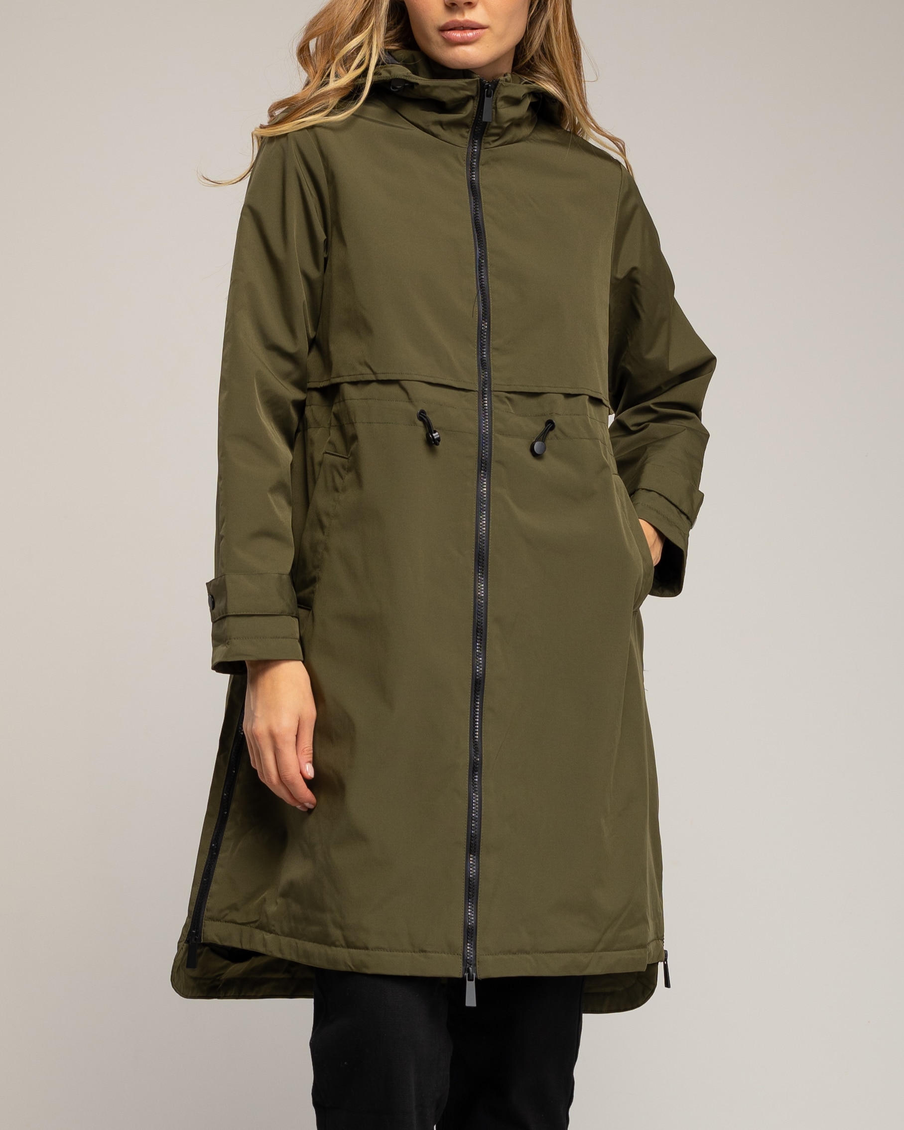 Gabardina larga de mujer impermeable con capucha y cierre de cremallera - Tantra - Verde militar Verde militar-4