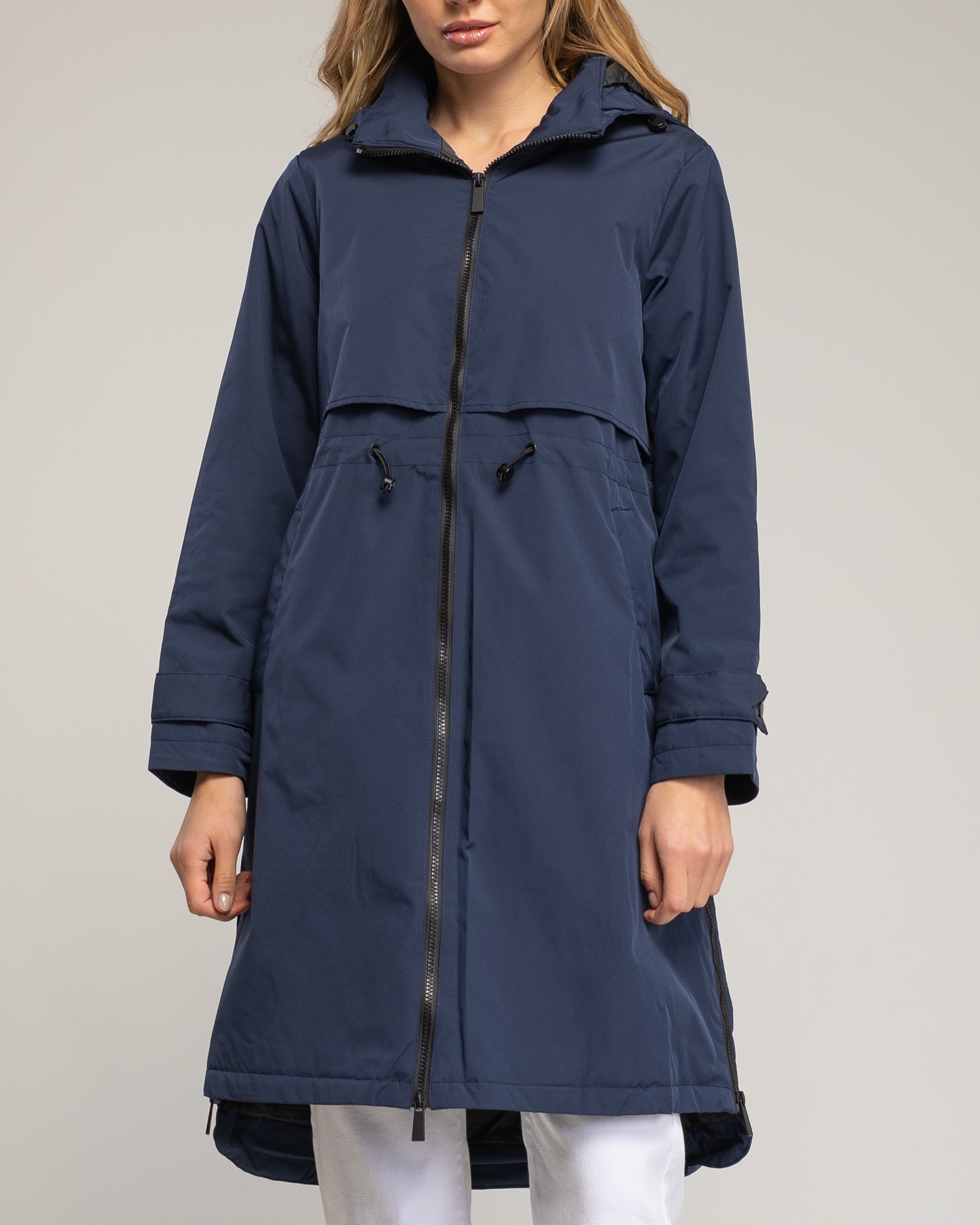 Gabardina larga de mujer impermeable con capucha y cierre de cremallera - Tantra - Azul marino Azul marino-4