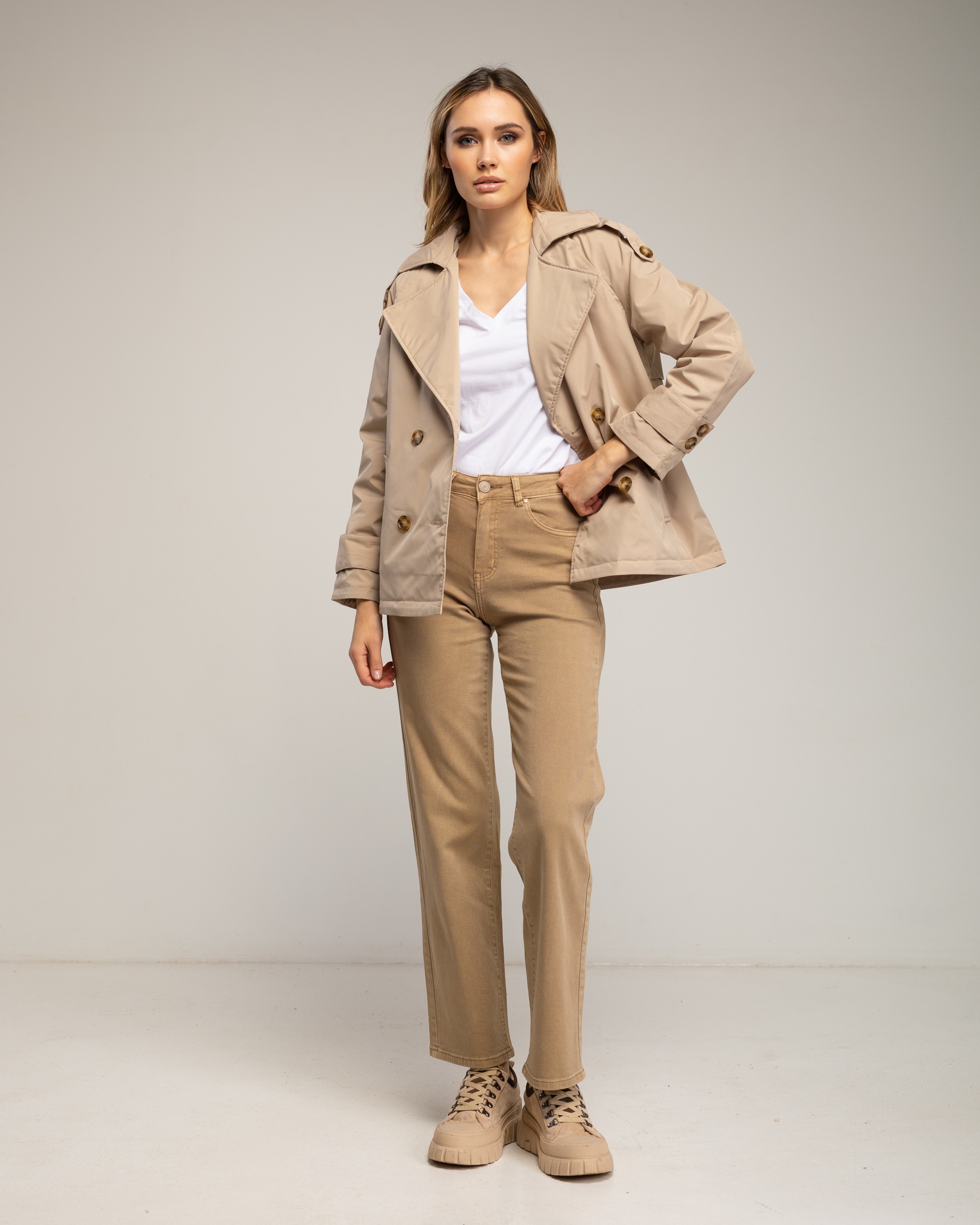Vaqueros rectos de mujer de corte recto push up básico ancho de tiro alto - Tantra - Camel Camel-1