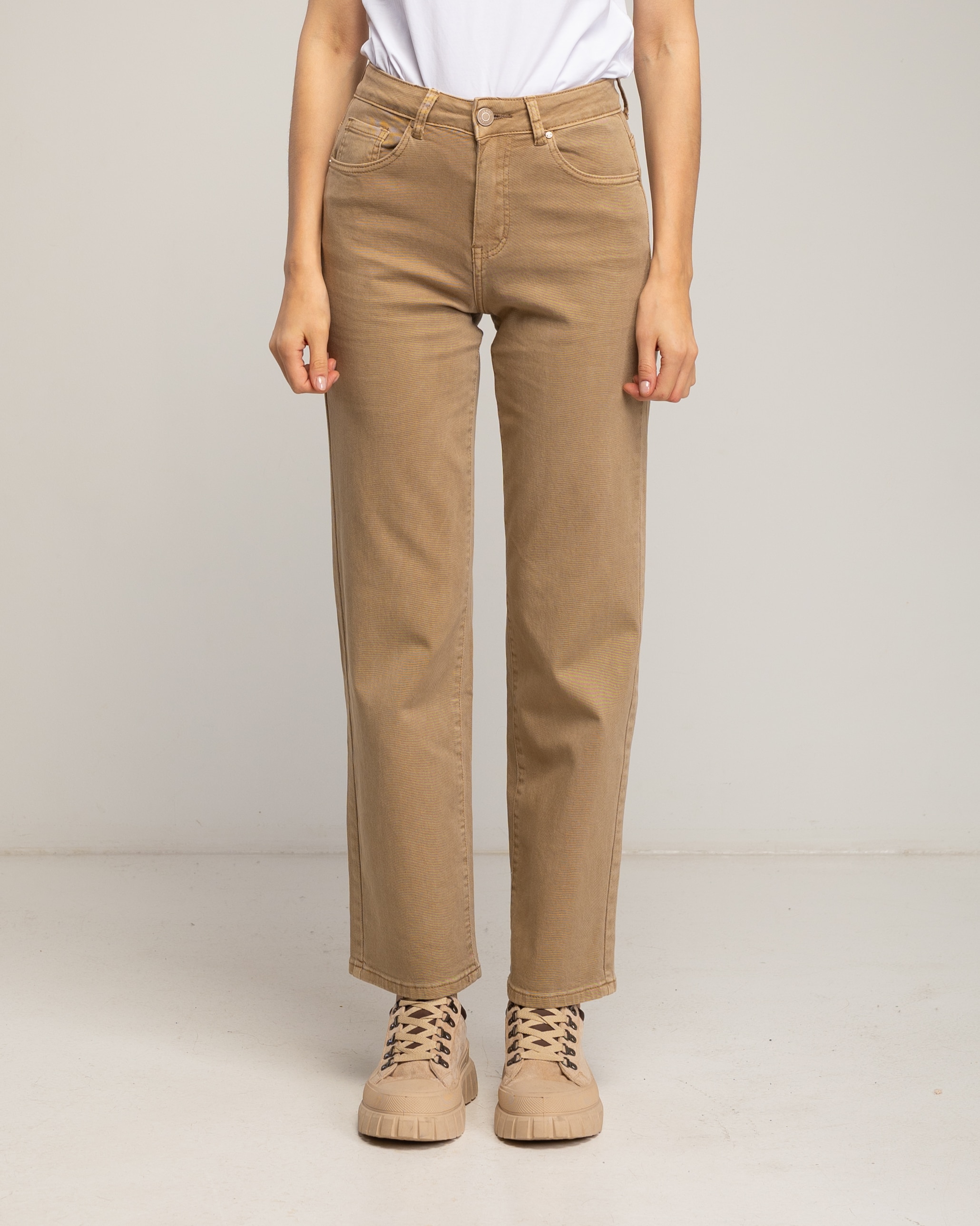 Vaqueros rectos de mujer de corte recto push up básico ancho de tiro alto - Tantra - Camel Camel-2