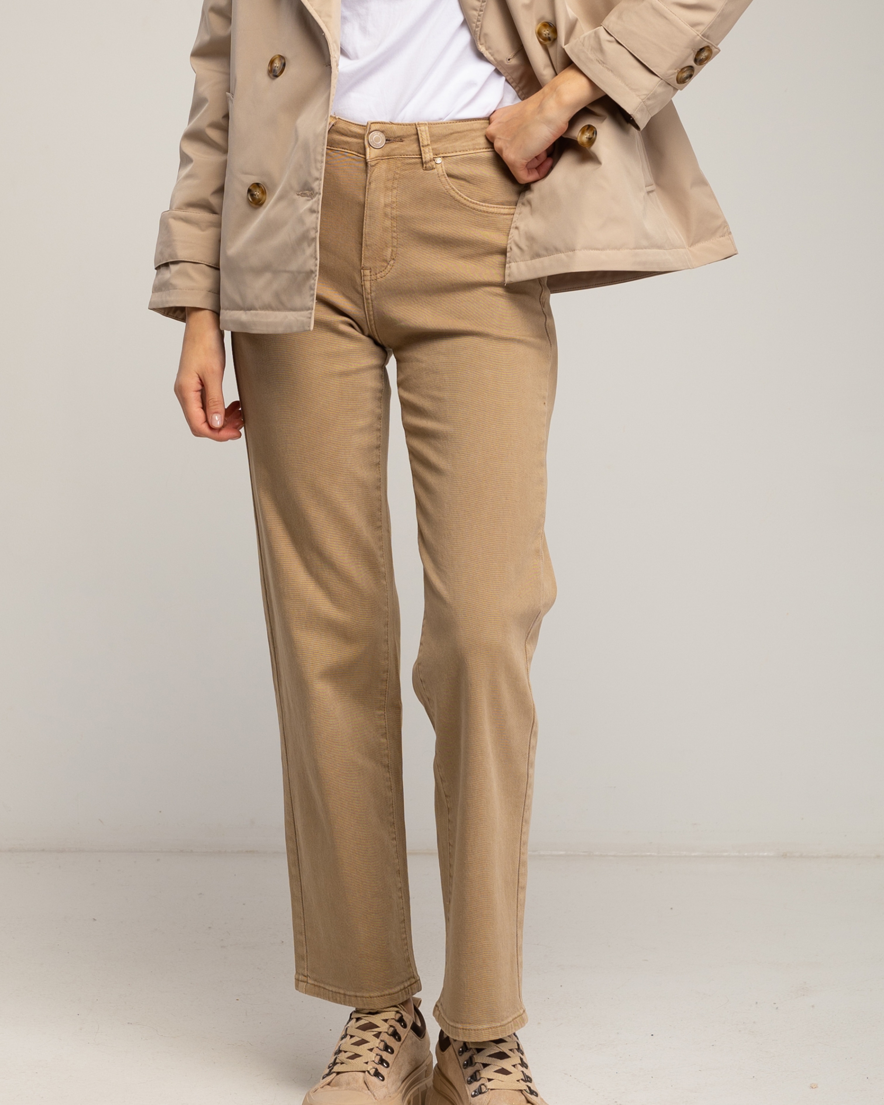 Vaqueros rectos de mujer de corte recto push up básico ancho de tiro alto - Tantra - Camel Camel-4