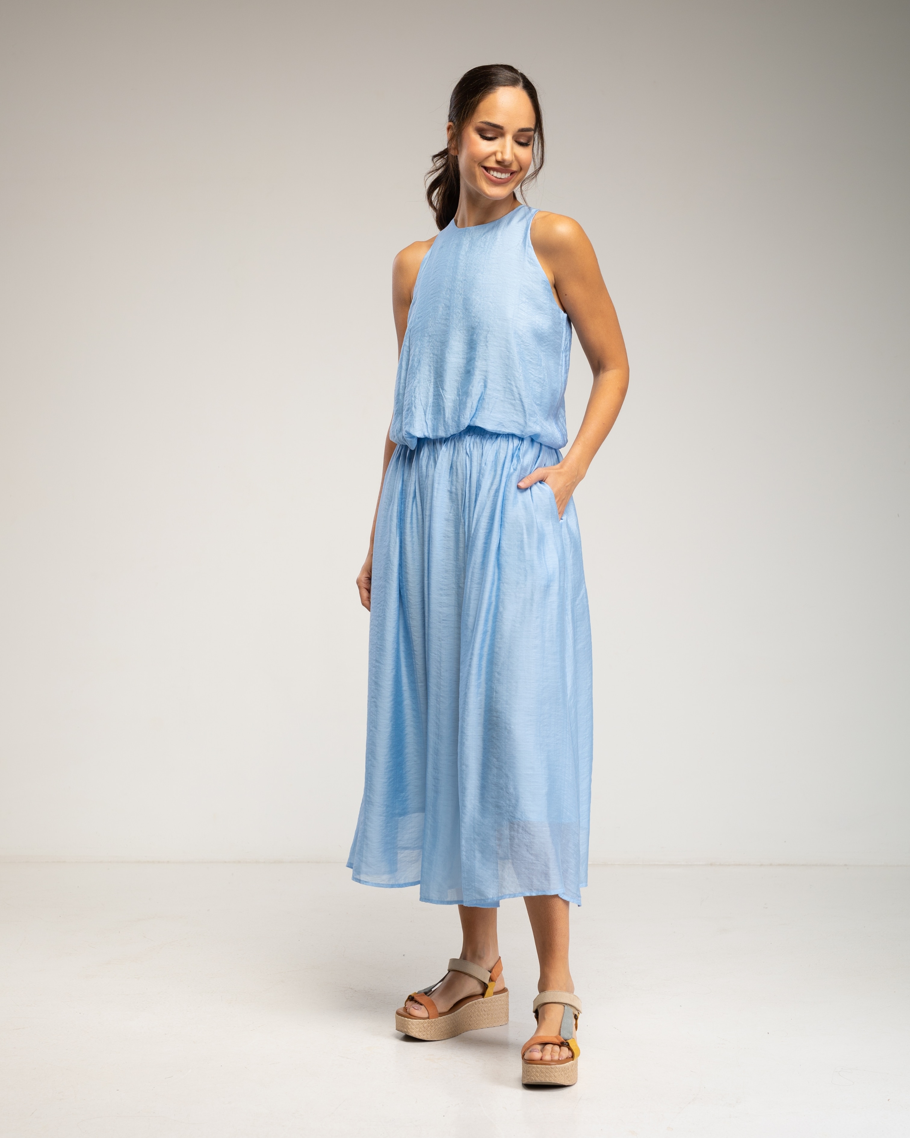 Falda midi con cintura elástica y varias capas - Tantra - Azul claro Azul claro-1