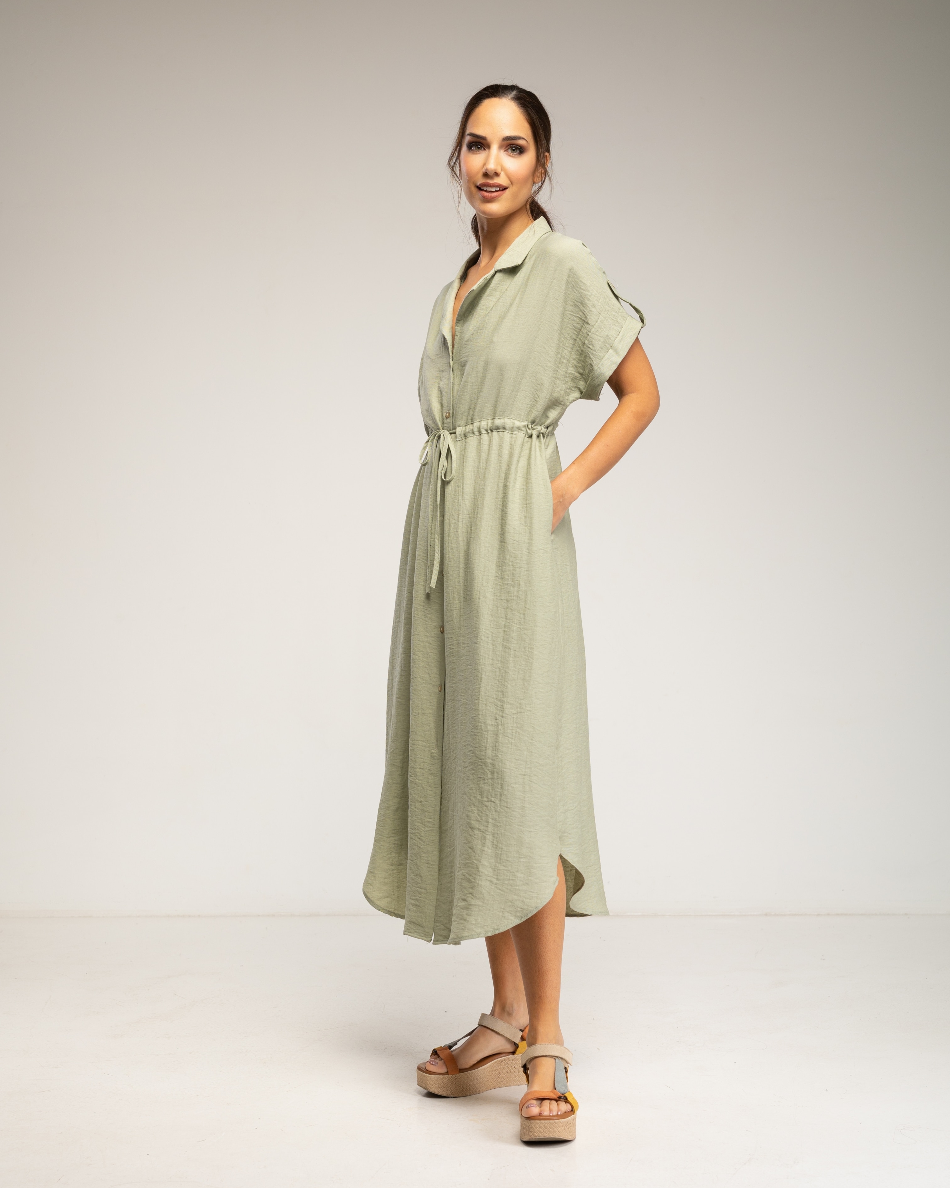 Vestido midi camisero con cintura fruncida y bolsillos - Tantra - Verde claro Verde claro-2