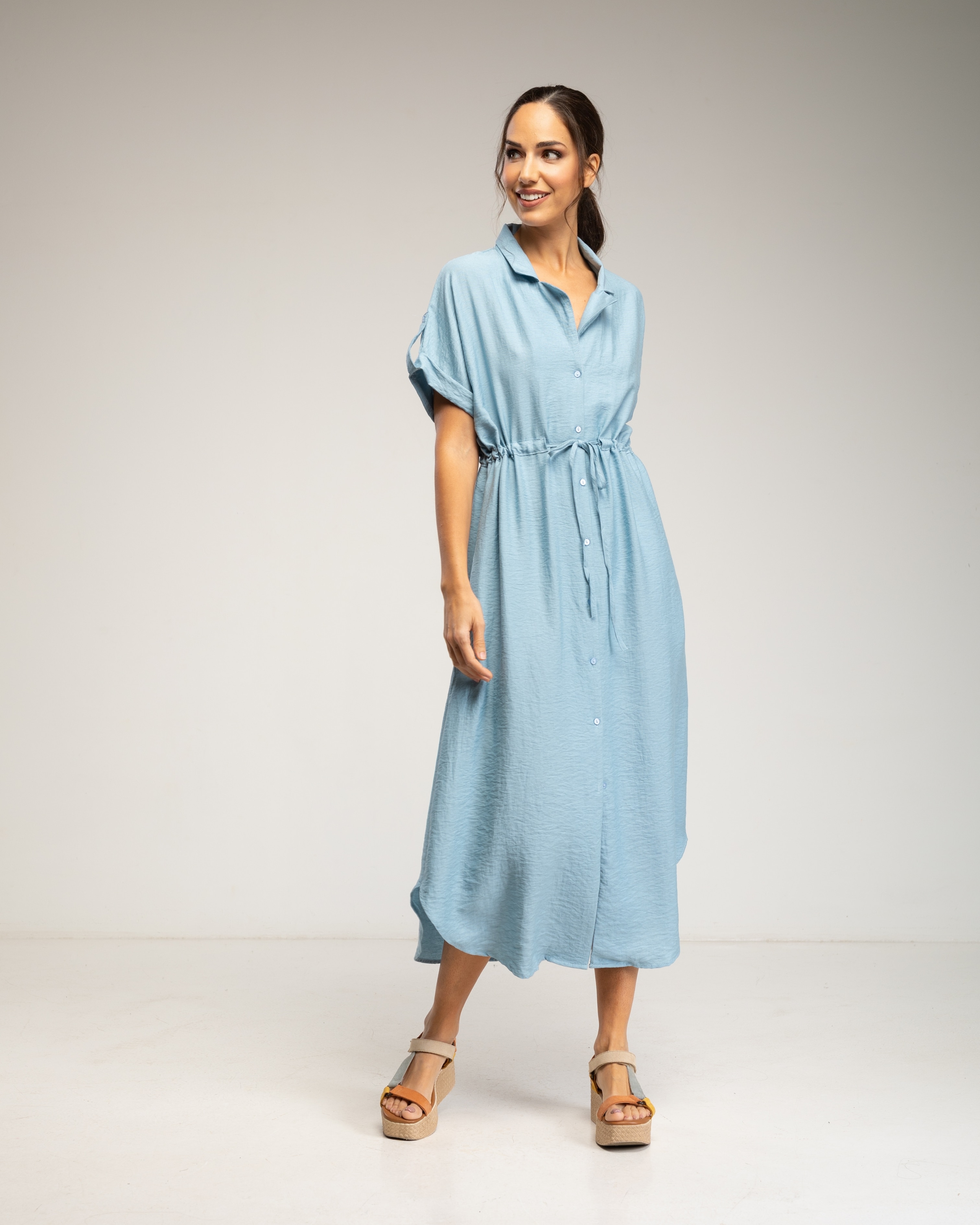 Vestido midi camisero con cintura fruncida y bolsillos - Tantra - Azul denim Azul denim-1