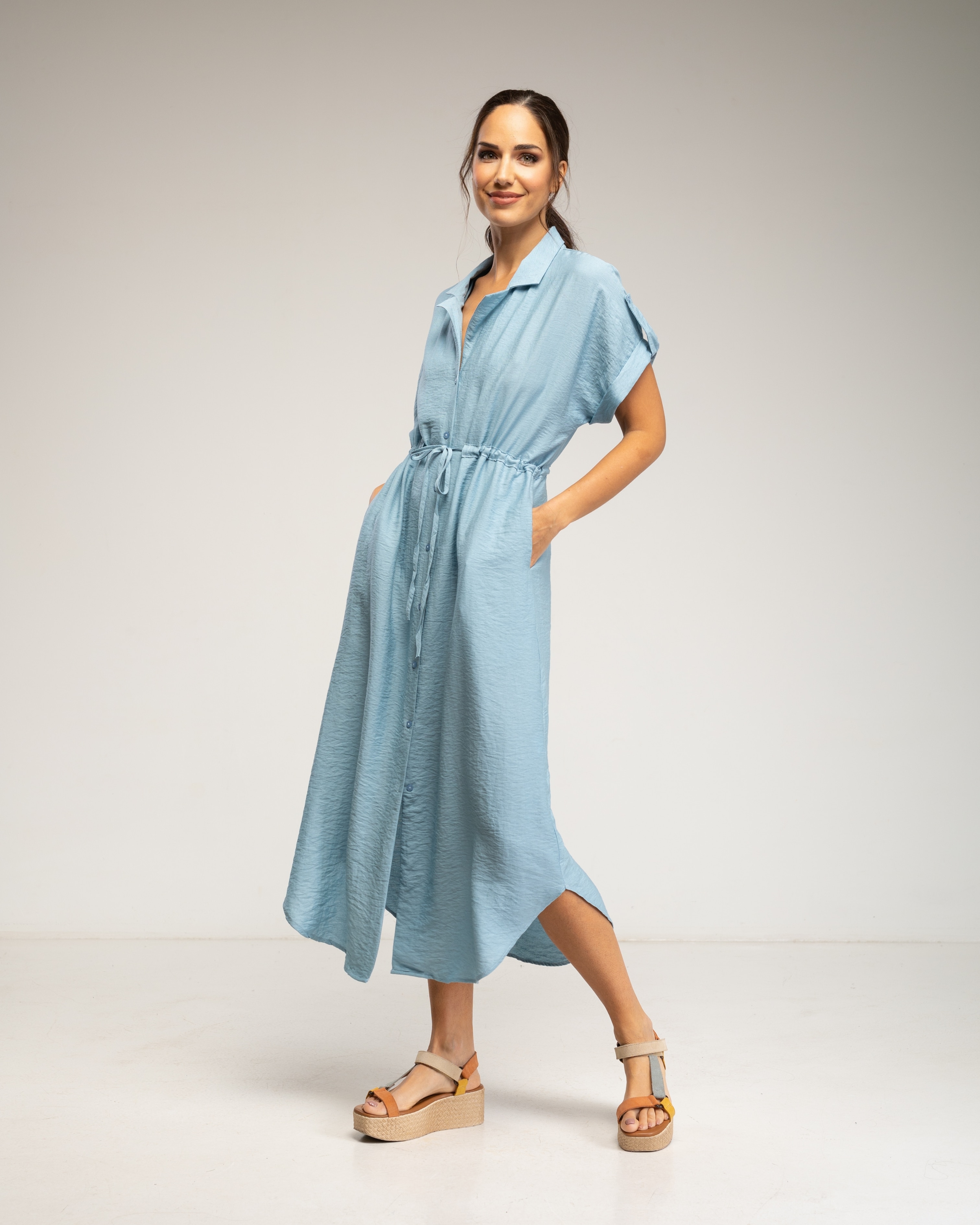 Vestido midi camisero con cintura fruncida y bolsillos - Tantra - Azul denim Azul denim-2