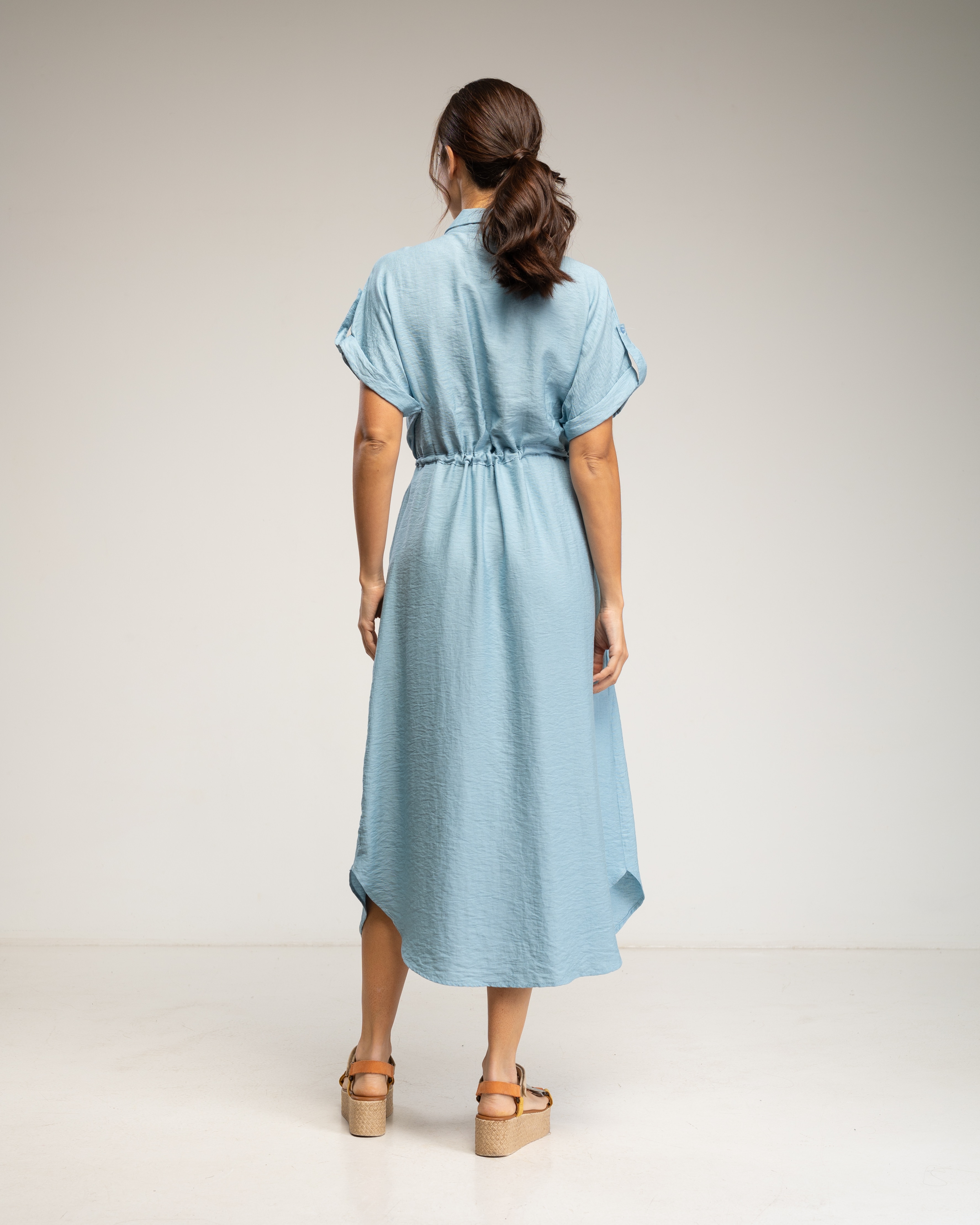 Vestido midi camisero con cintura fruncida y bolsillos - Tantra - Azul denim Azul denim-3