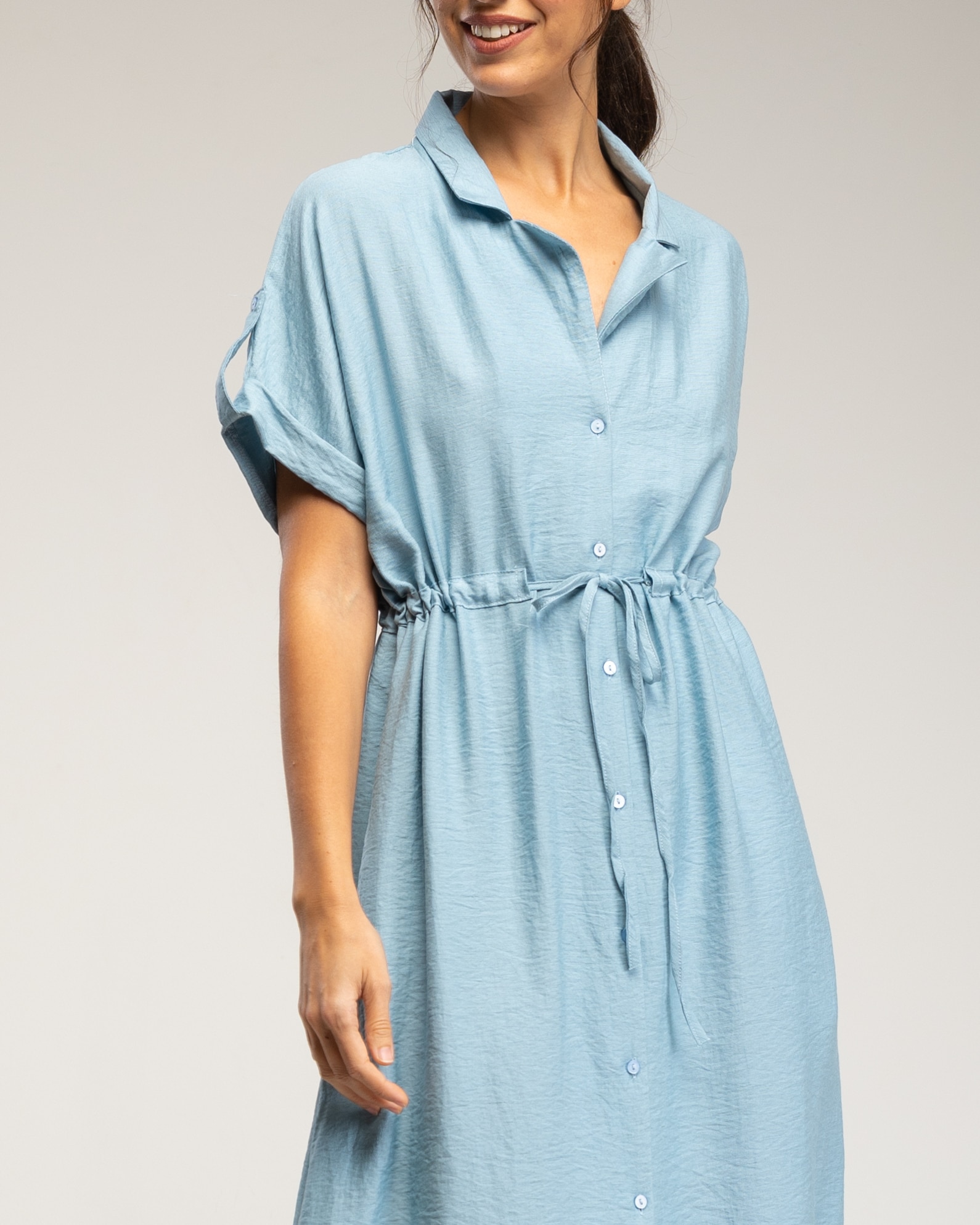 Vestido midi camisero con cintura fruncida y bolsillos - Tantra - Azul denim Azul denim-4