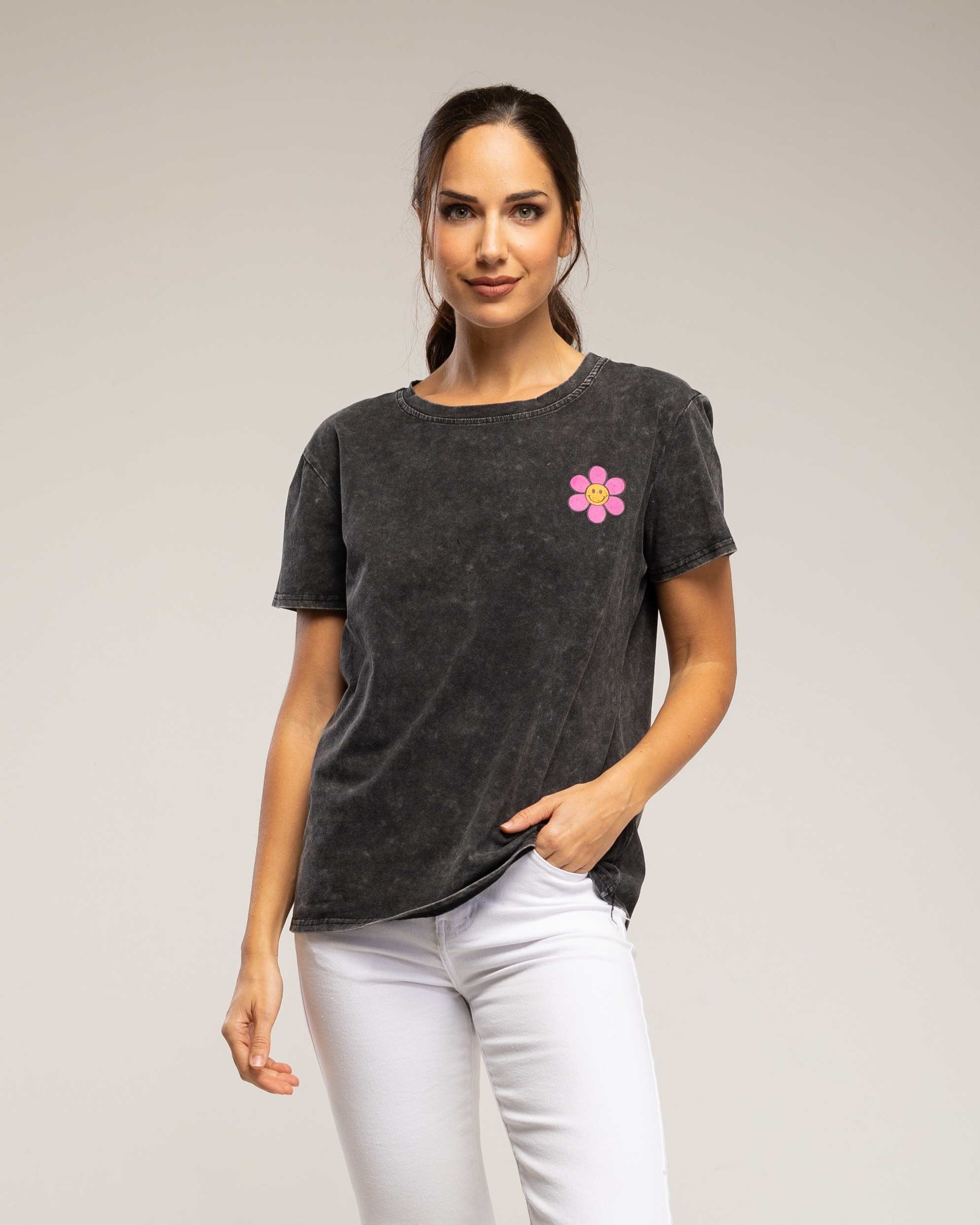 Camiseta de mujer de lgodón con estampado de margarita - Tantra - Negro Negro-1