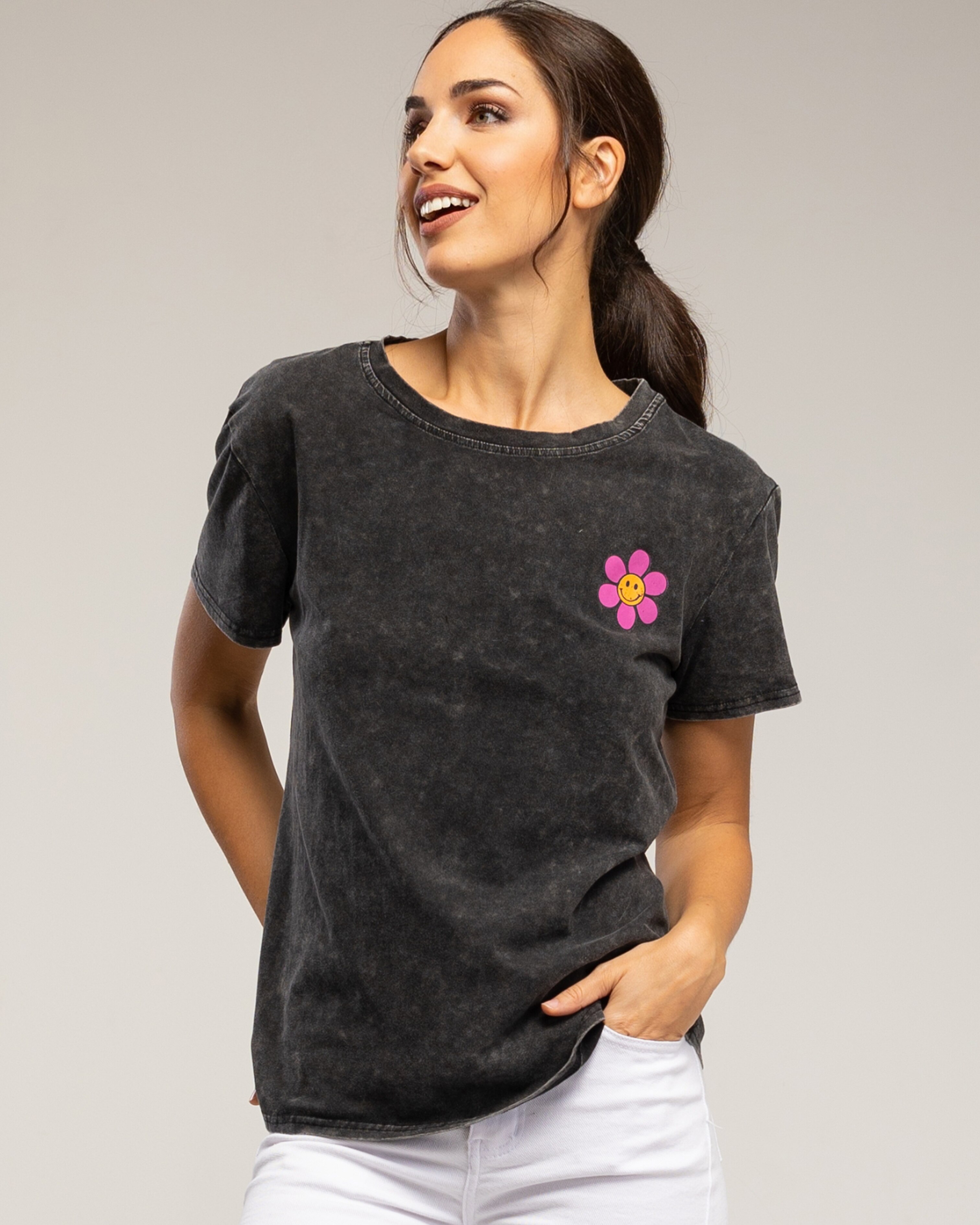 Camiseta de mujer de lgodón con estampado de margarita - Tantra - Negro Negro-4