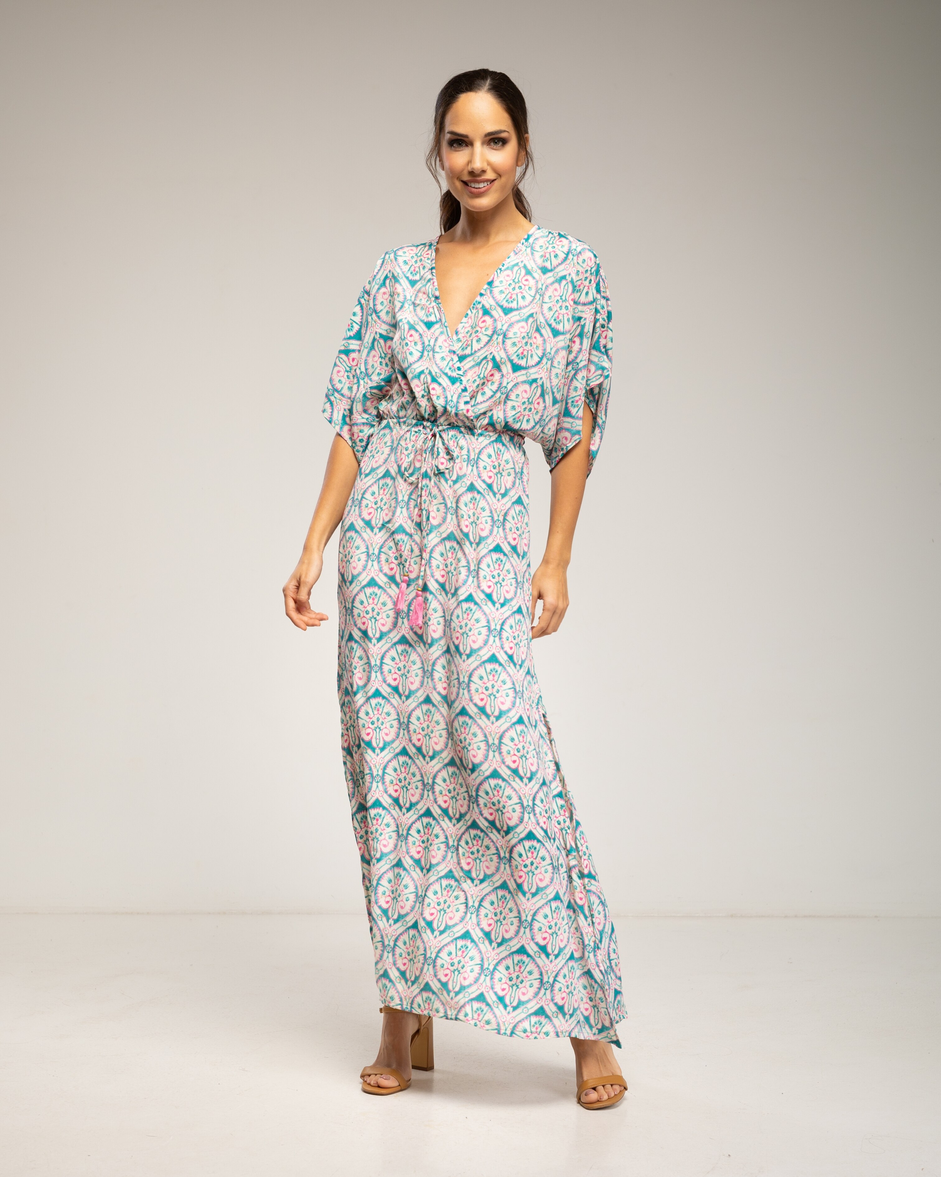 Vestido largo estampado paisley , con cuello cruzado - Tantra - Azul Azul-1