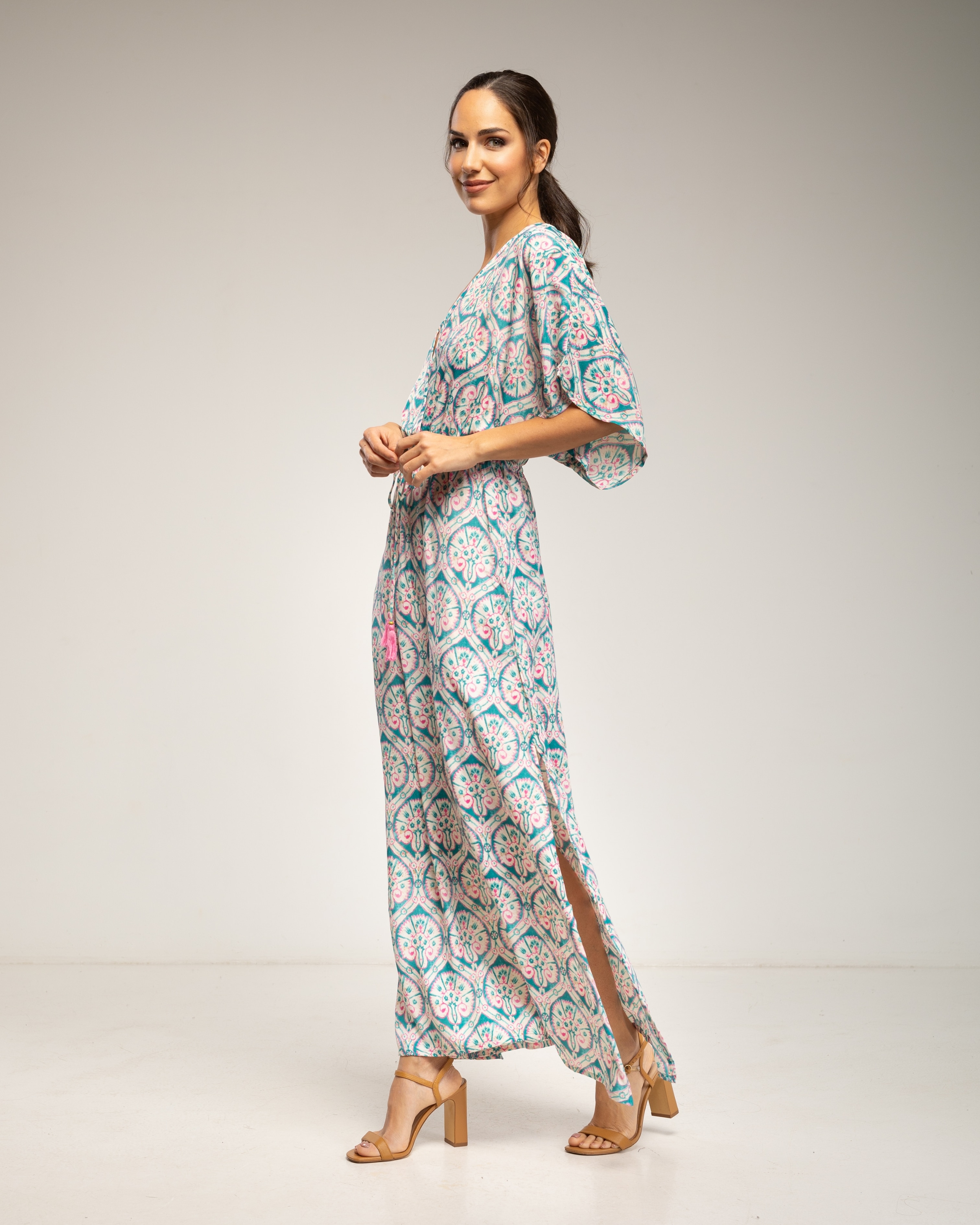 Vestido largo estampado paisley , con cuello cruzado - Tantra - Azul Azul-2