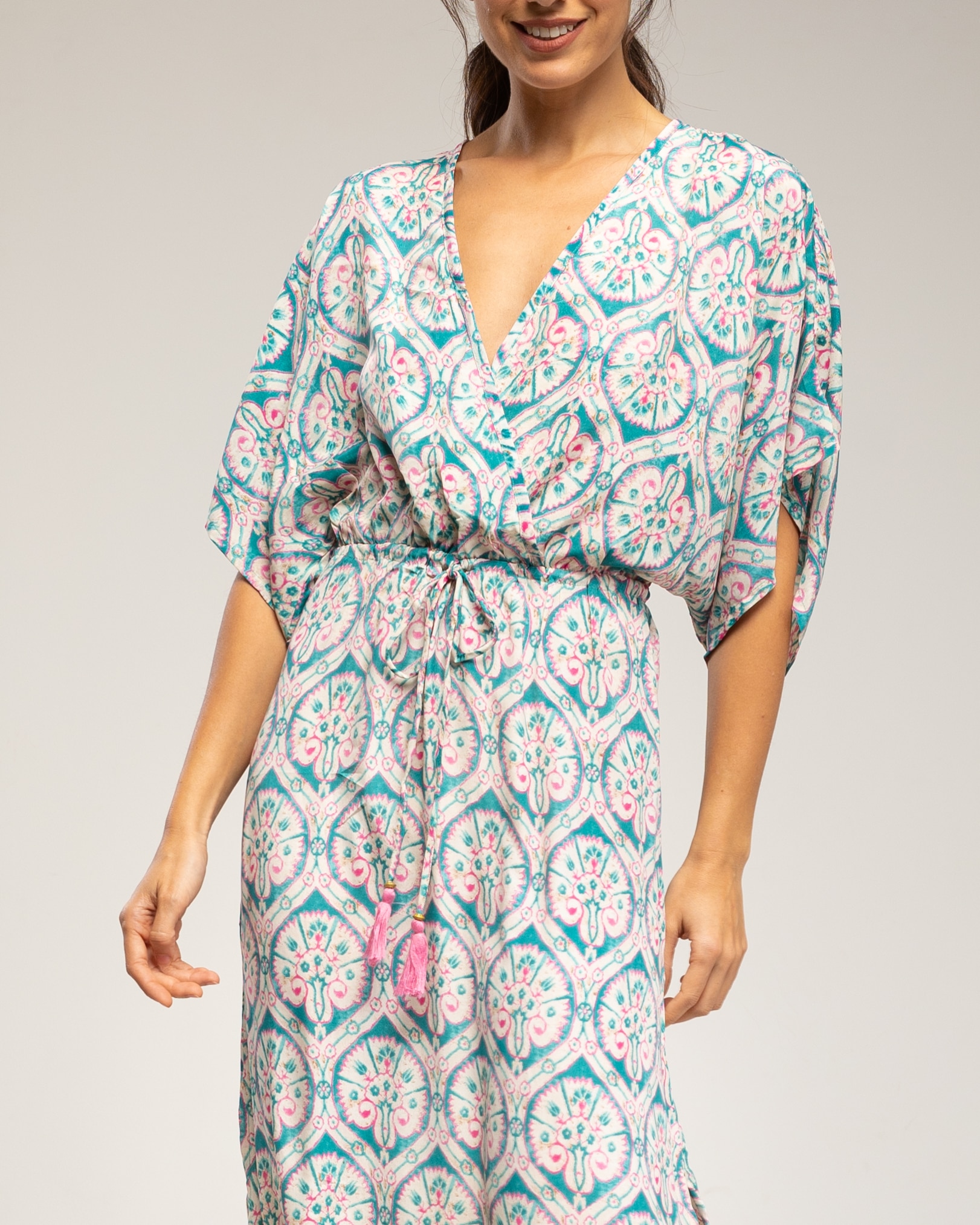 Vestido largo estampado paisley , con cuello cruzado - Tantra - Azul Azul-4