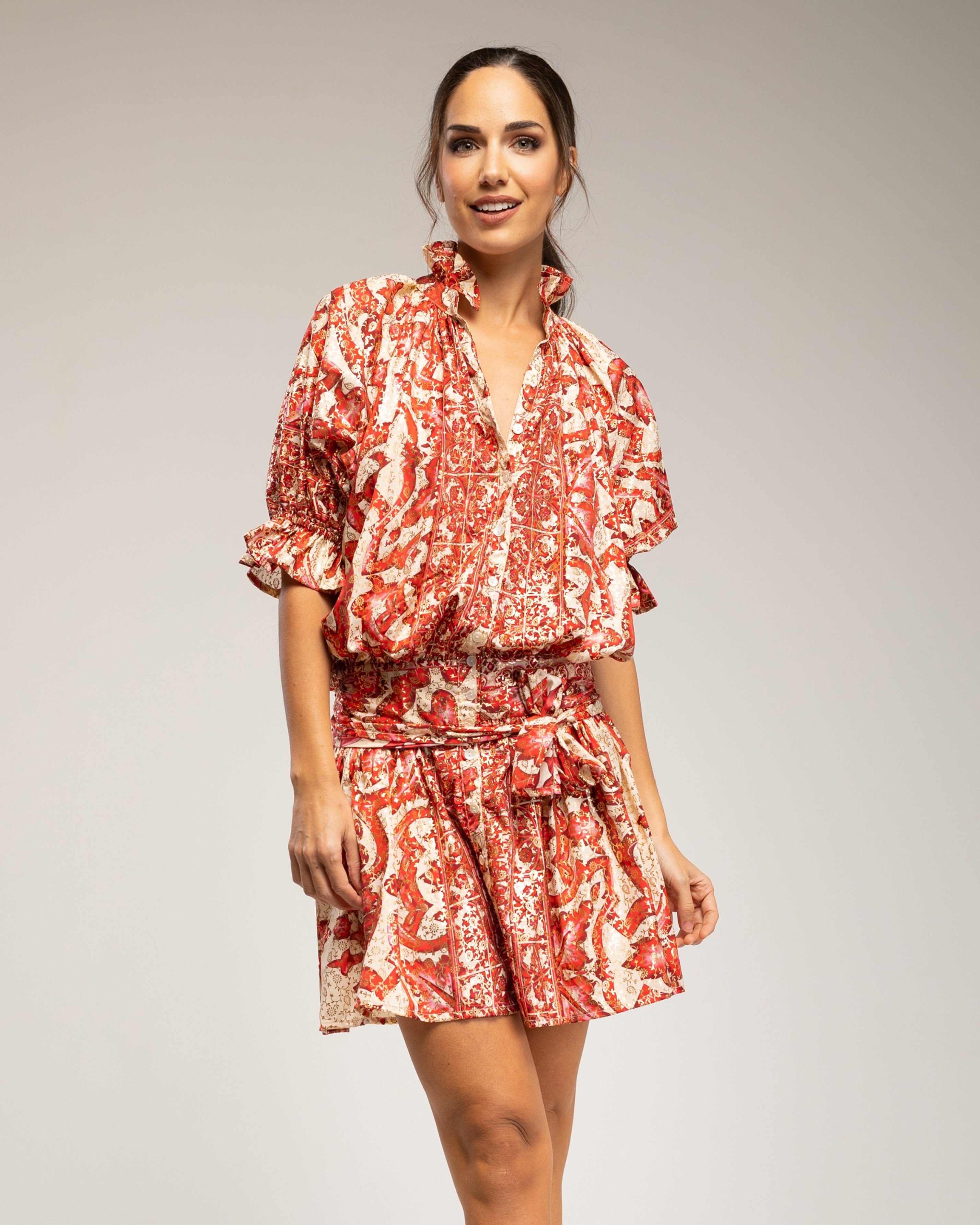 Vestido corto estampado con botones - Tantra - Rojo Rojo-2