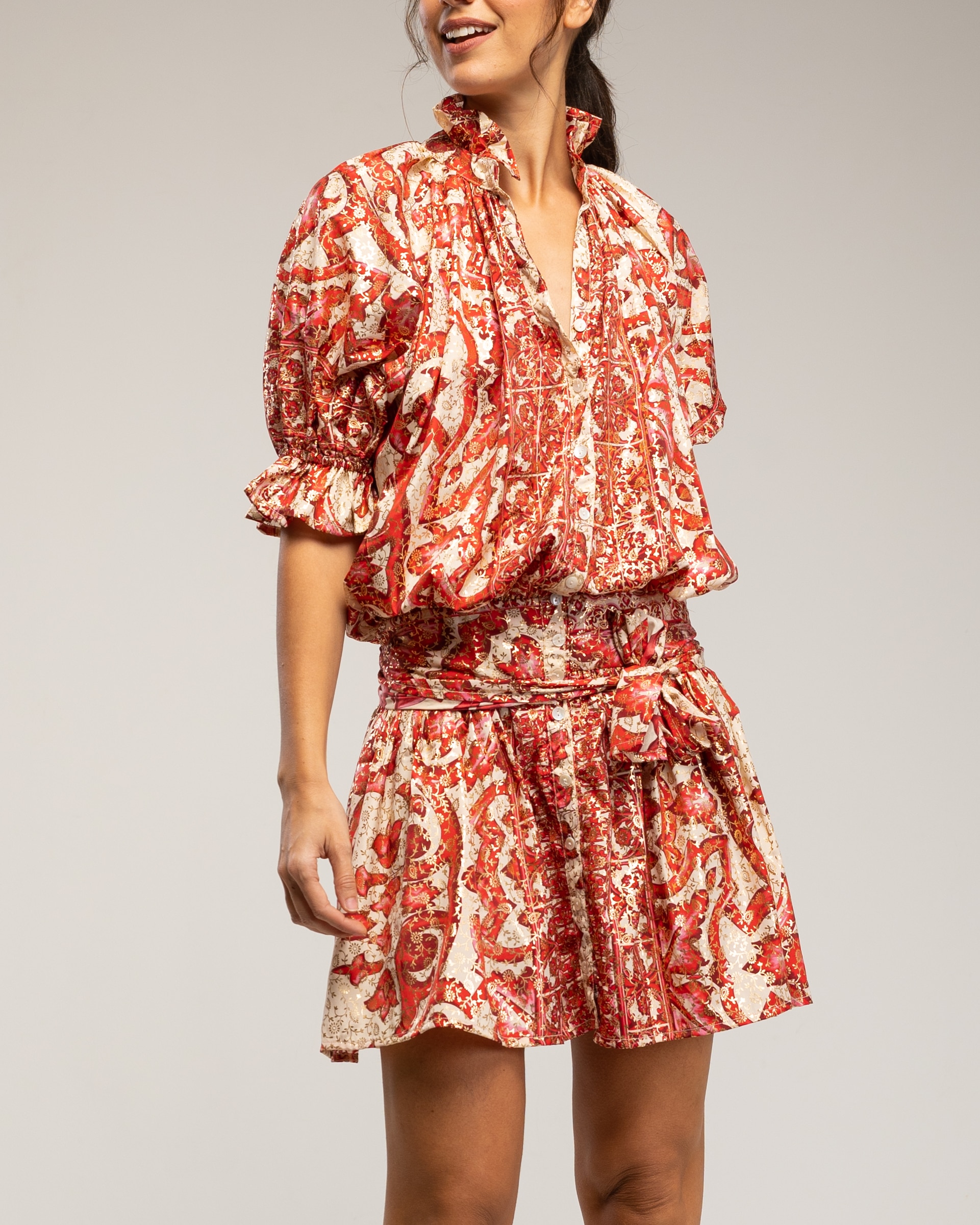Vestido corto estampado con botones - Tantra - Rojo Rojo-4