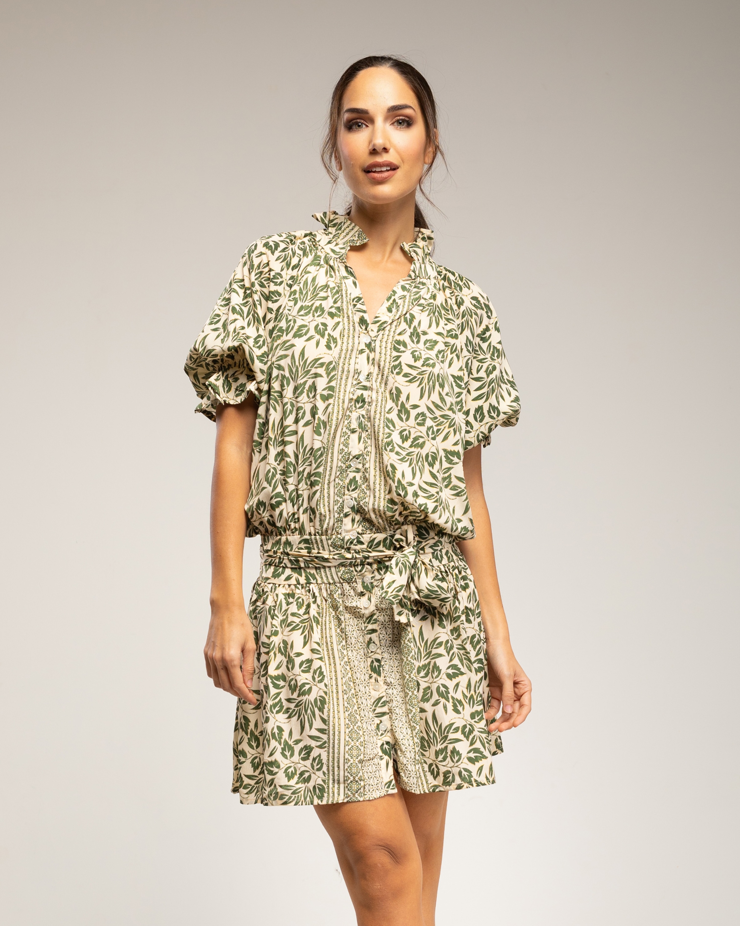 Vestido corto estampado con botones - Tantra - Verde oscuro Verde oscuro-2